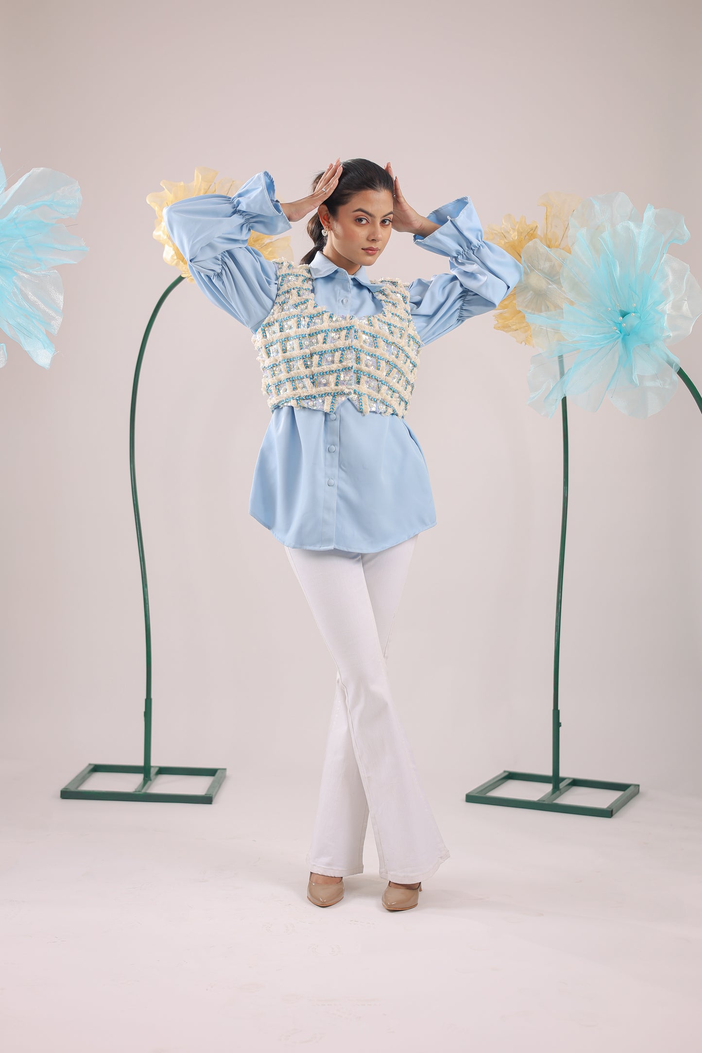The Sky Blue Embellished Jacket with Ballon Sleeves Crape Shirt