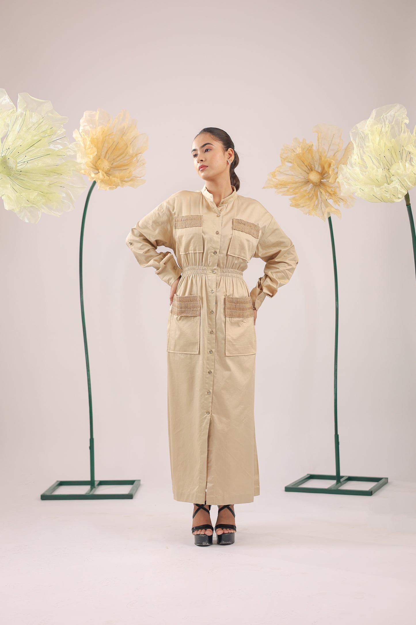 The Brown Beige Midi Cotton Dress With Pockets