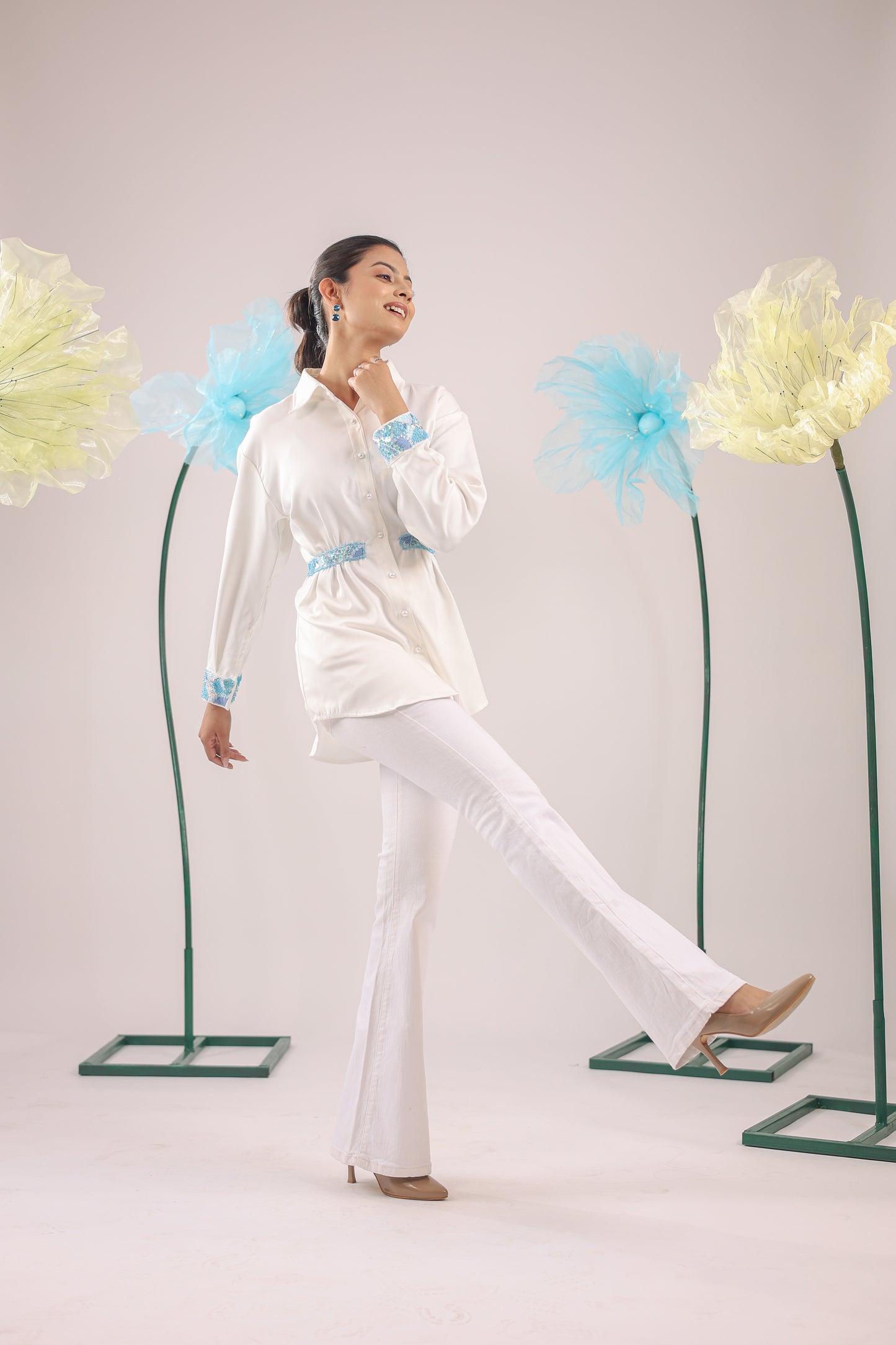 The White Gathered Crape Shirt with Sky Blue Embellishment
