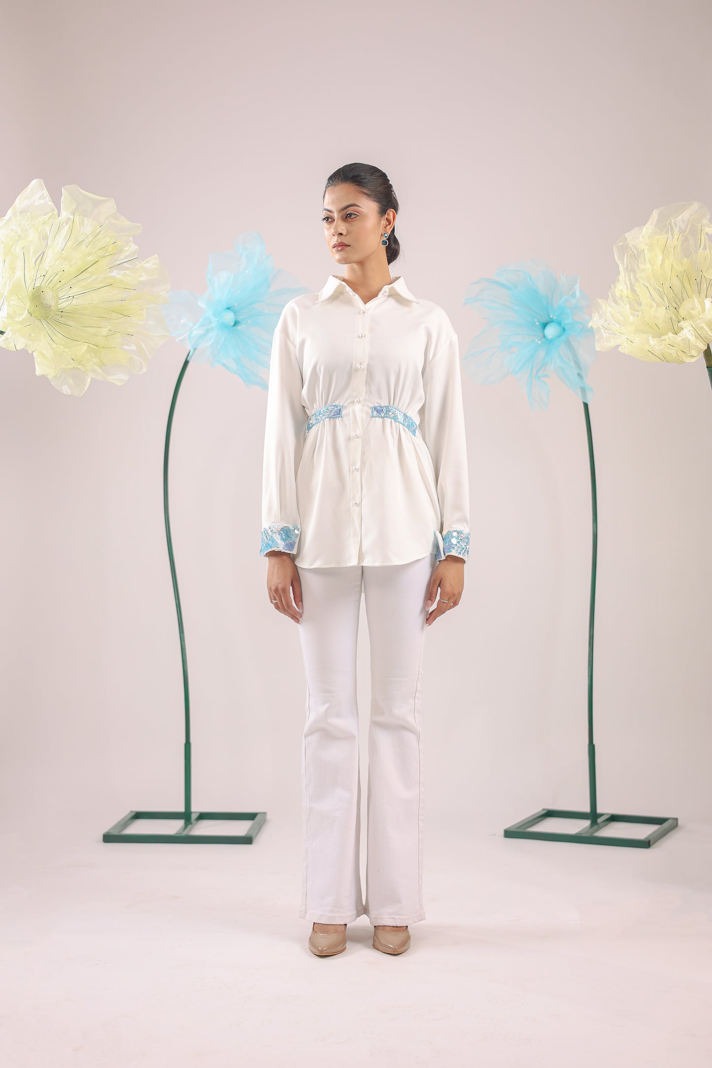 The White Gathered Crape Shirt with Sky Blue Embellishment