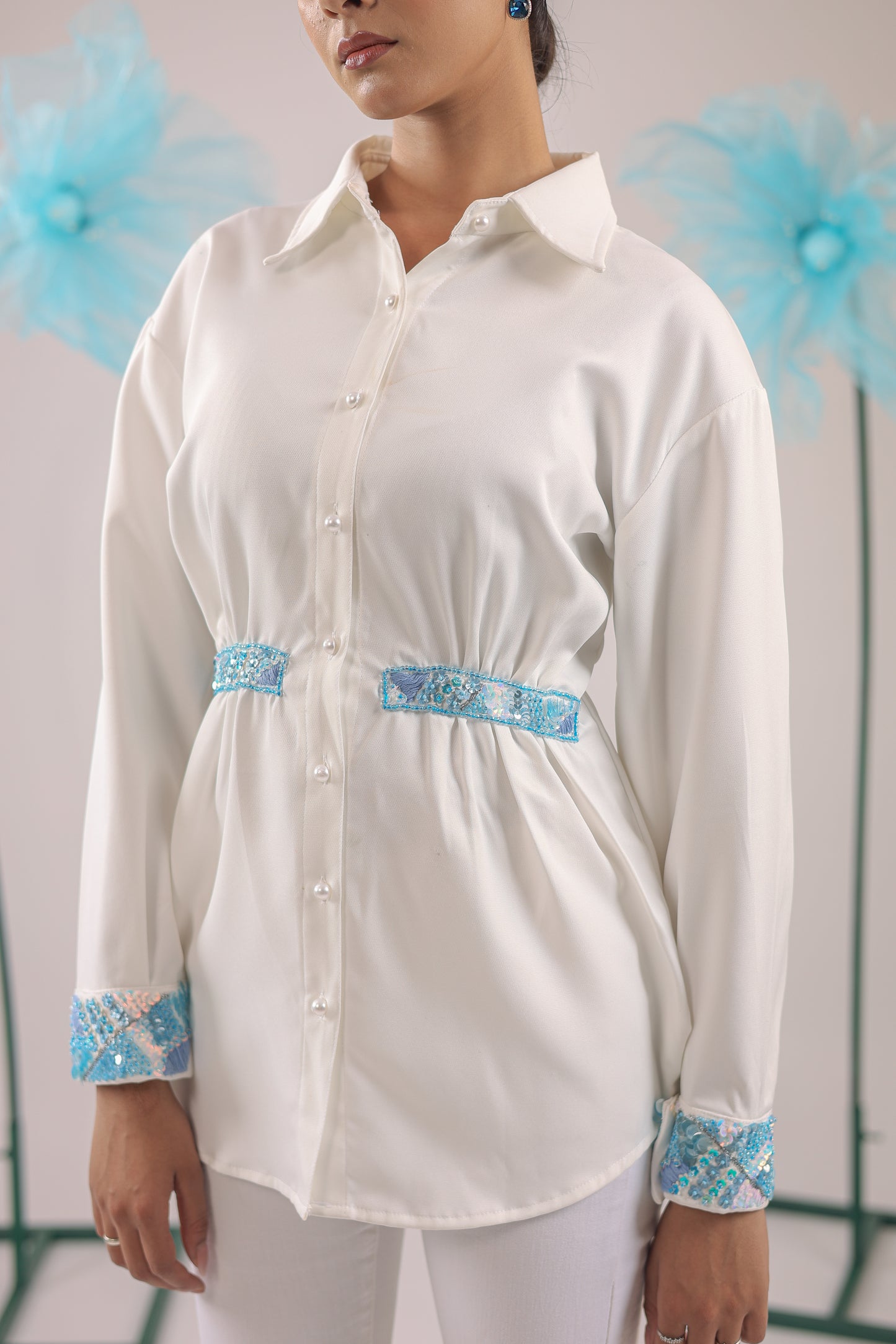 The White Gathered Crape Shirt with Sky Blue Embellishment