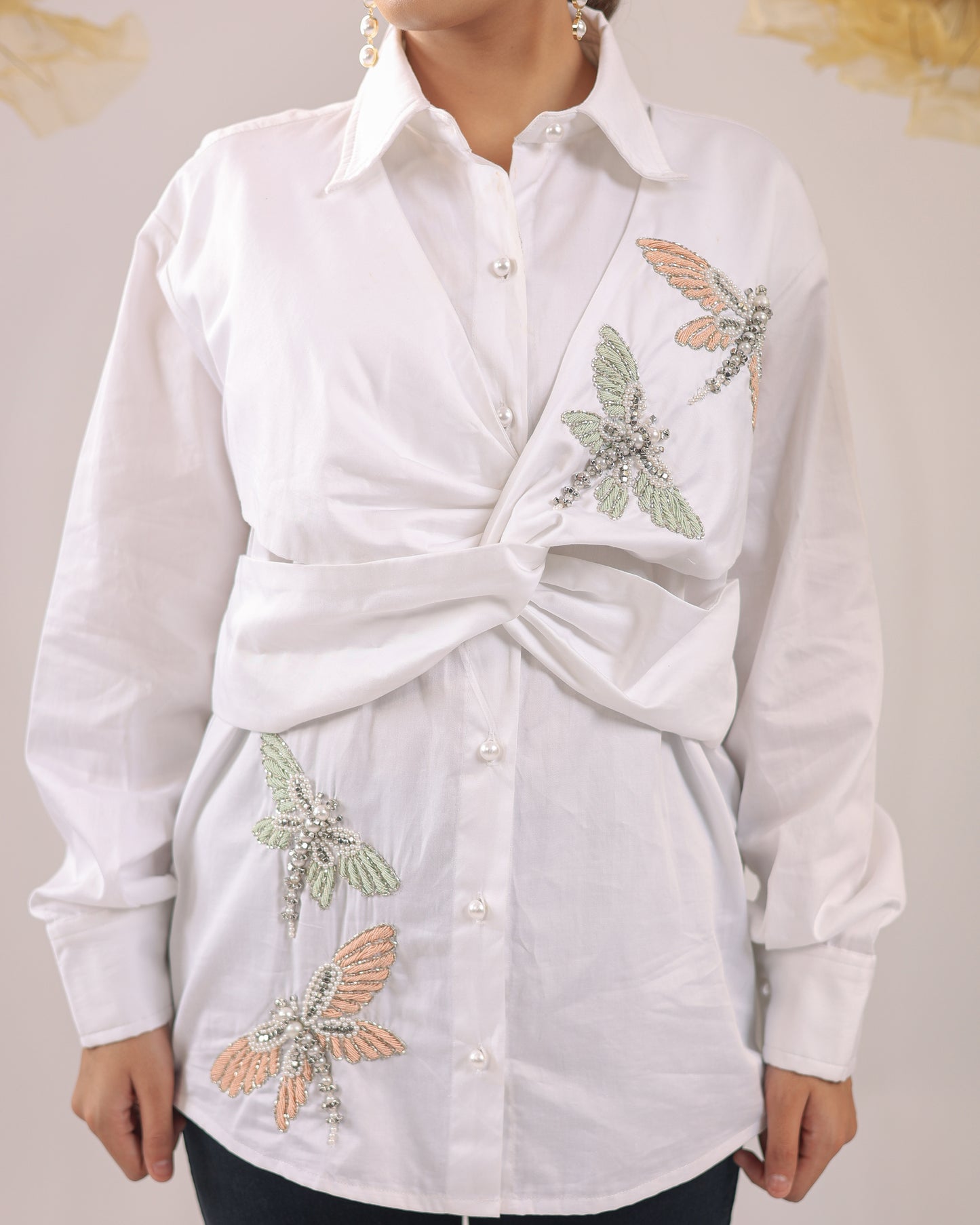 The White Knot Cotton Shirt with Dragon Fly Embellishments