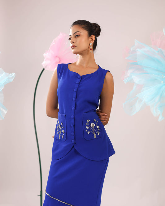 The Royal Blue Floral Stone Embellished Vest With Asymmetrical Skirt Set
