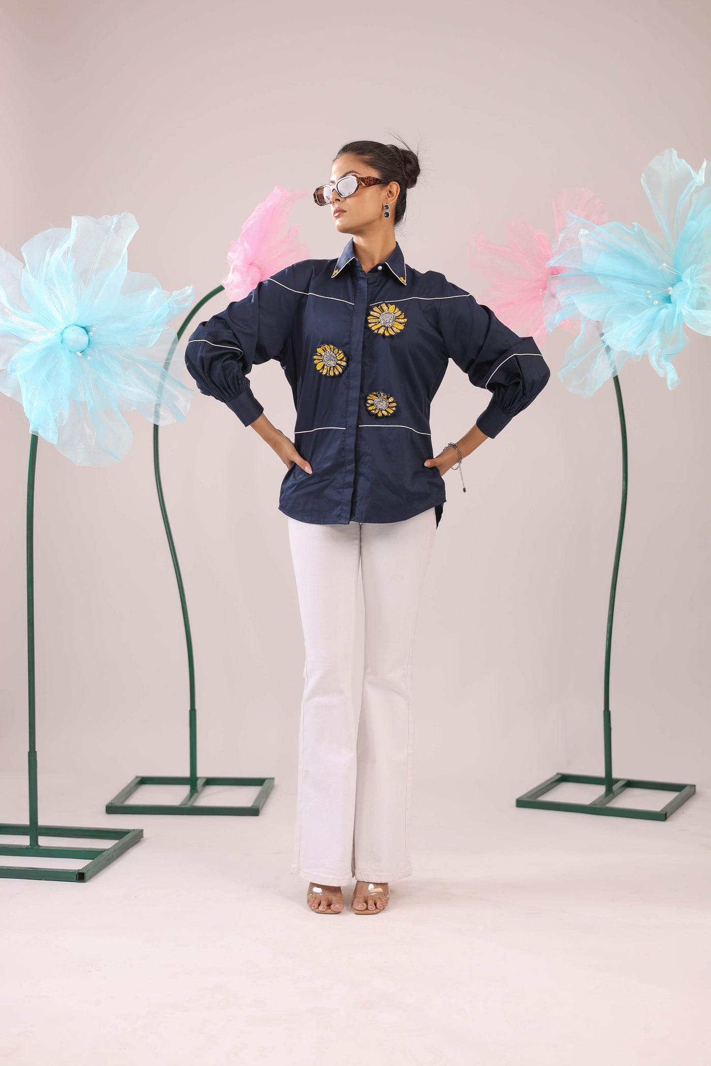The Navy Blue Cotton Shirt with 3D Yellow Embellished Flowers