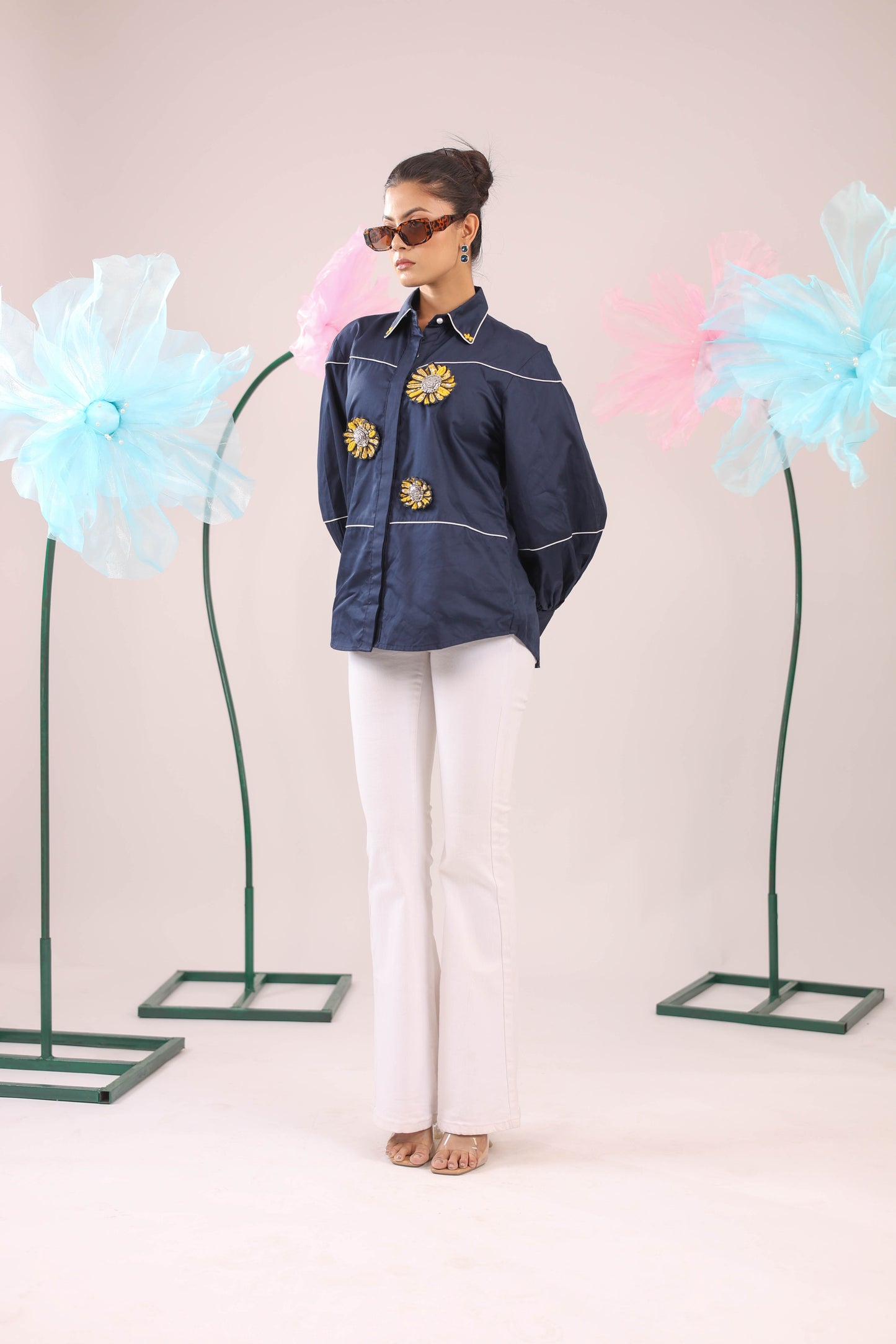 The Navy Blue Cotton Shirt with 3D Yellow Embellished Flowers