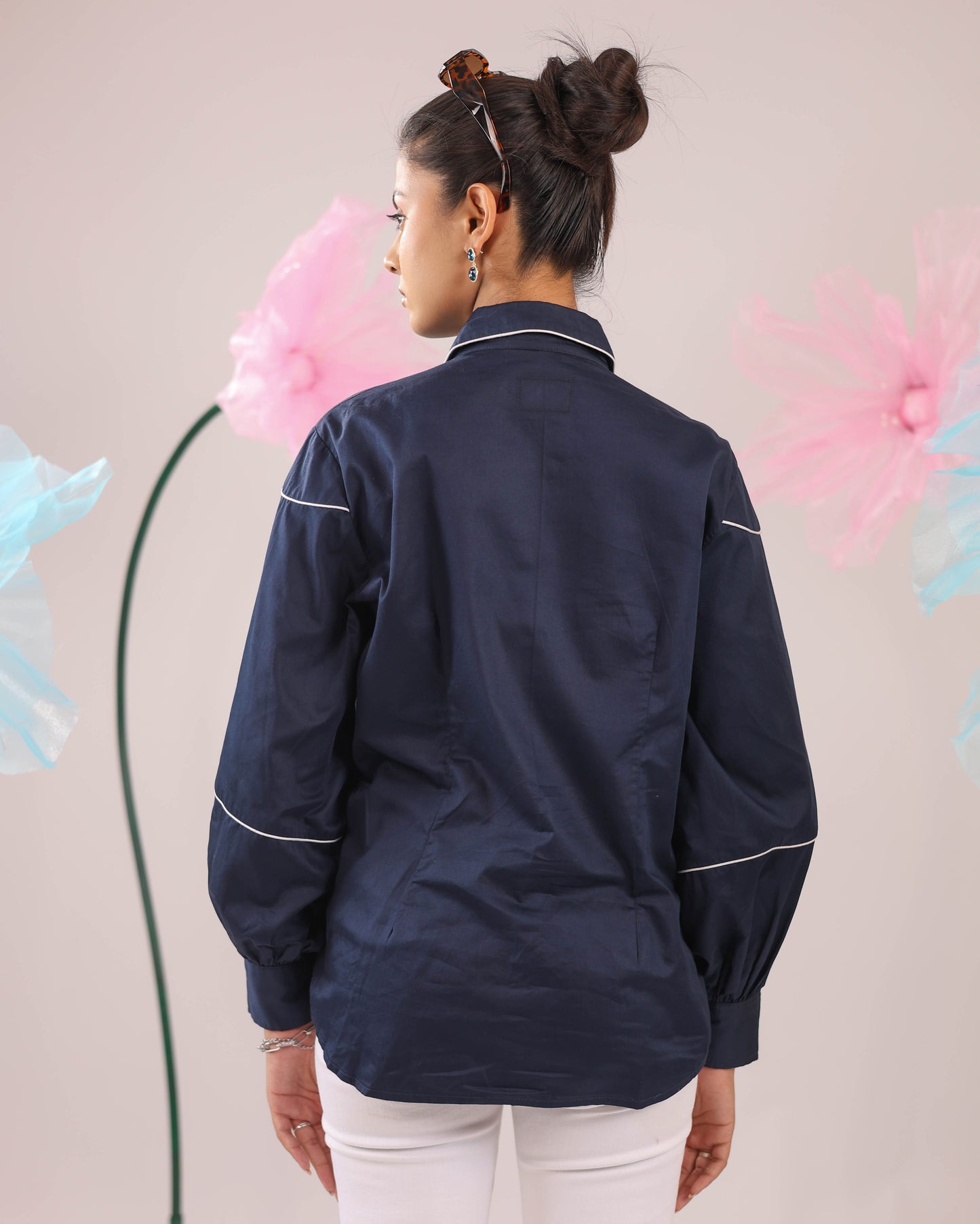 The Navy Blue Cotton Shirt with 3D Yellow Embellished Flowers
