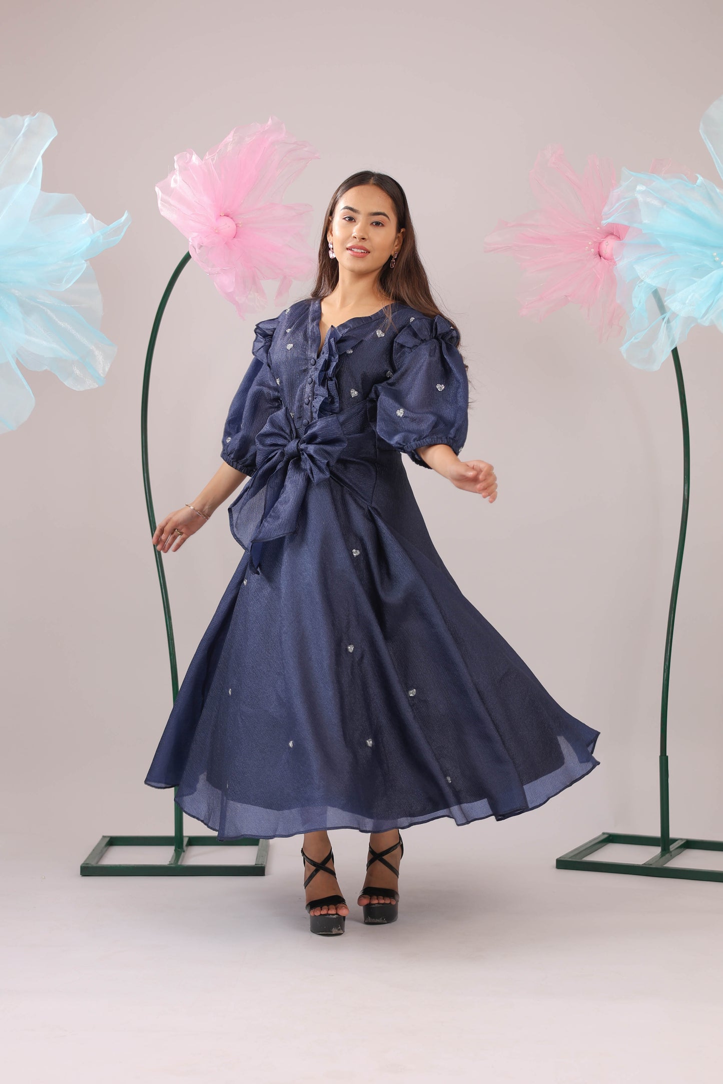 The Navy Blue Heart Knot Flared Midi Dress