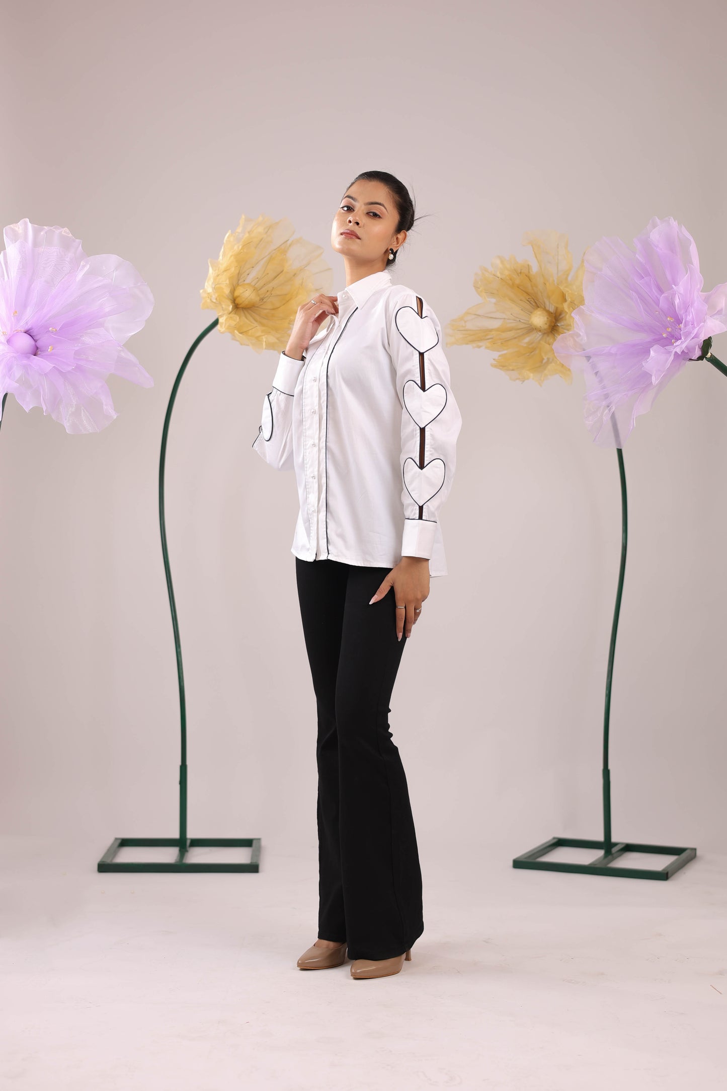 The White Heart Sleeve Cotton Shirt with Wide Placket