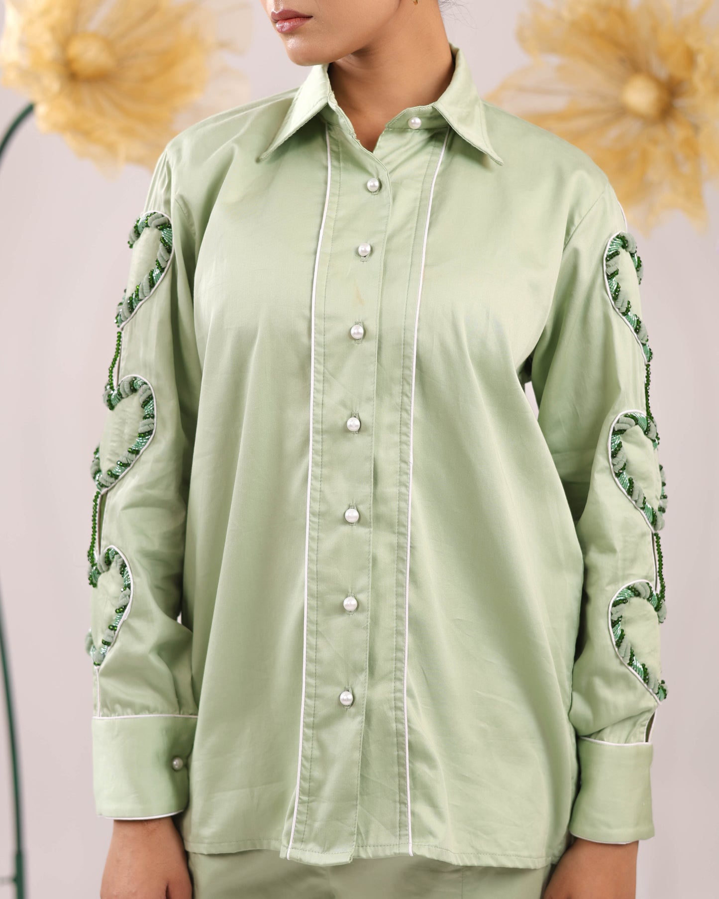 The Mint Green Heart Sleeve Embellished Cotton Shirt