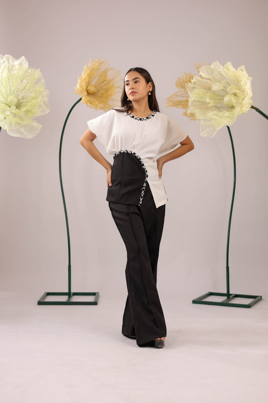The White And Black Embellished Drape Co-ord Set