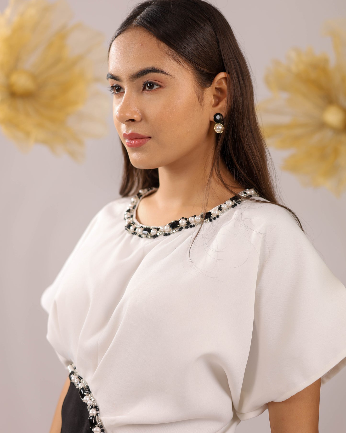 The White And Black Embellished Drape Co-ord Set