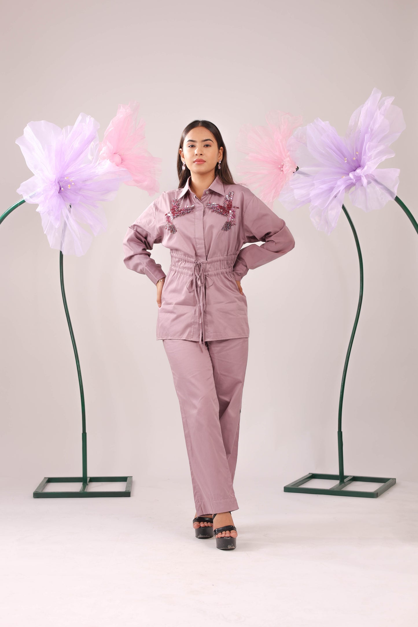 The Dirty Pink Gathered Waist Tie Up Cotton Shirt with Bird Embellishments