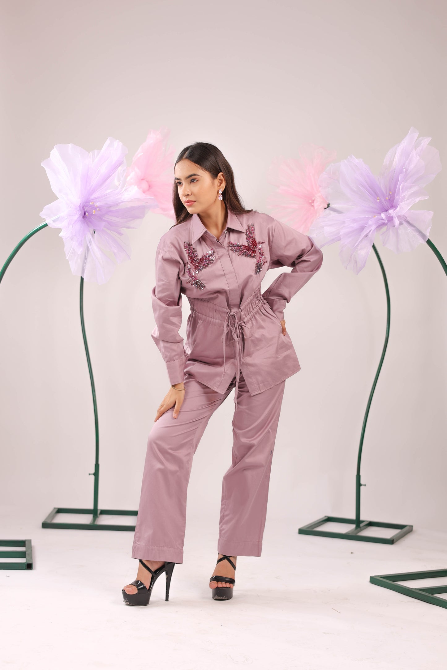 The Dirty Pink Gathered Waist Tie Up Cotton Shirt with Bird Embellishments