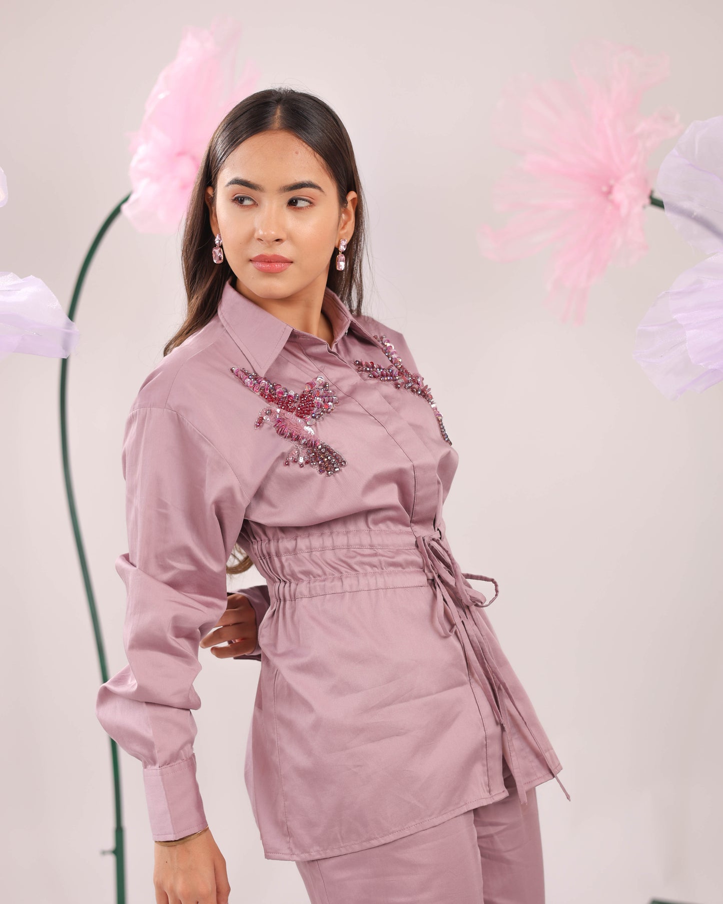 The Dirty Pink Gathered Waist Tie Up Cotton Shirt with Bird Embellishments
