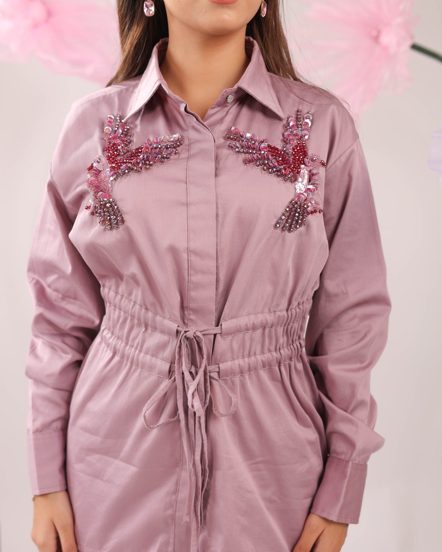 The Dirty Pink Gathered Waist Tie Up Cotton Shirt with Bird Embellishments