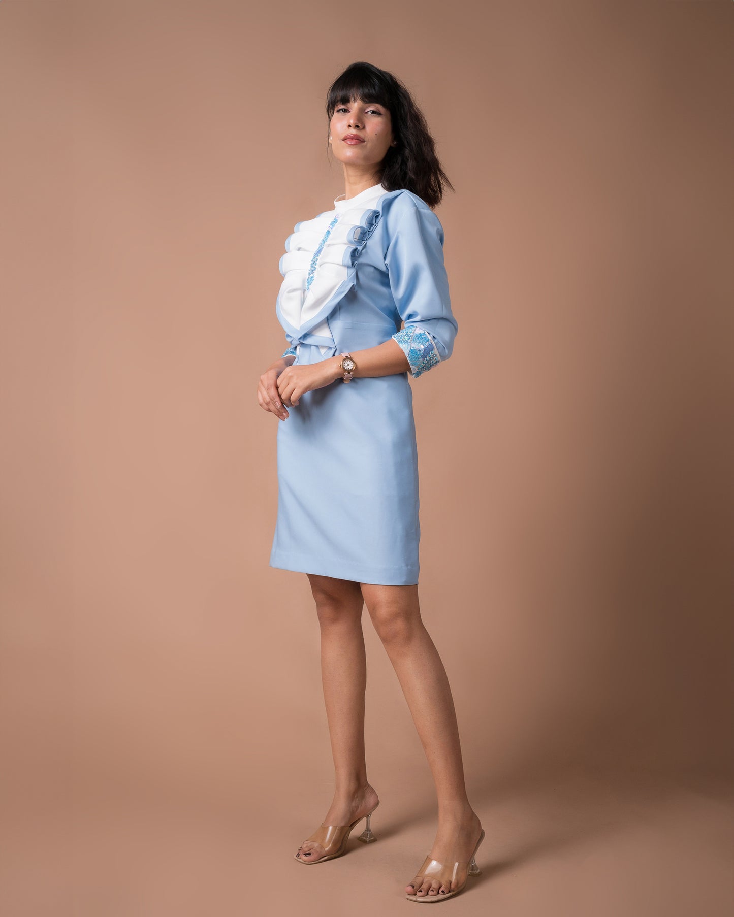 The White And Blue Pleated Mini Dress