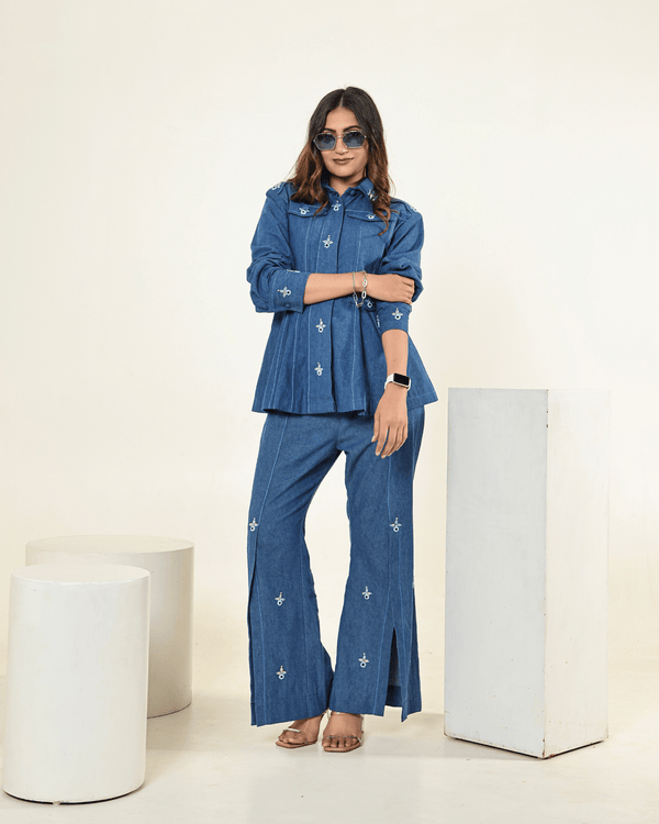 The Dark Denim Embellished Peplum Flap Shirt with High-Slit Cut Pants