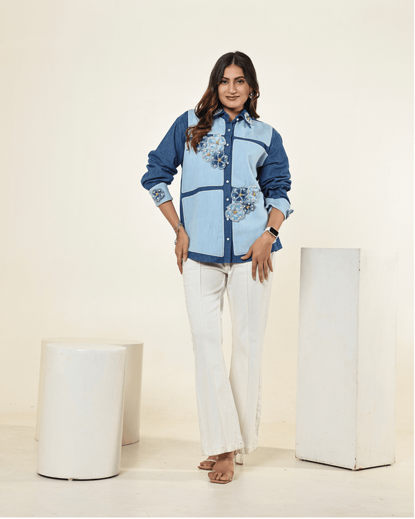 The Dark and Light Denim Colour Block 3D Flowers Embellished Shirt