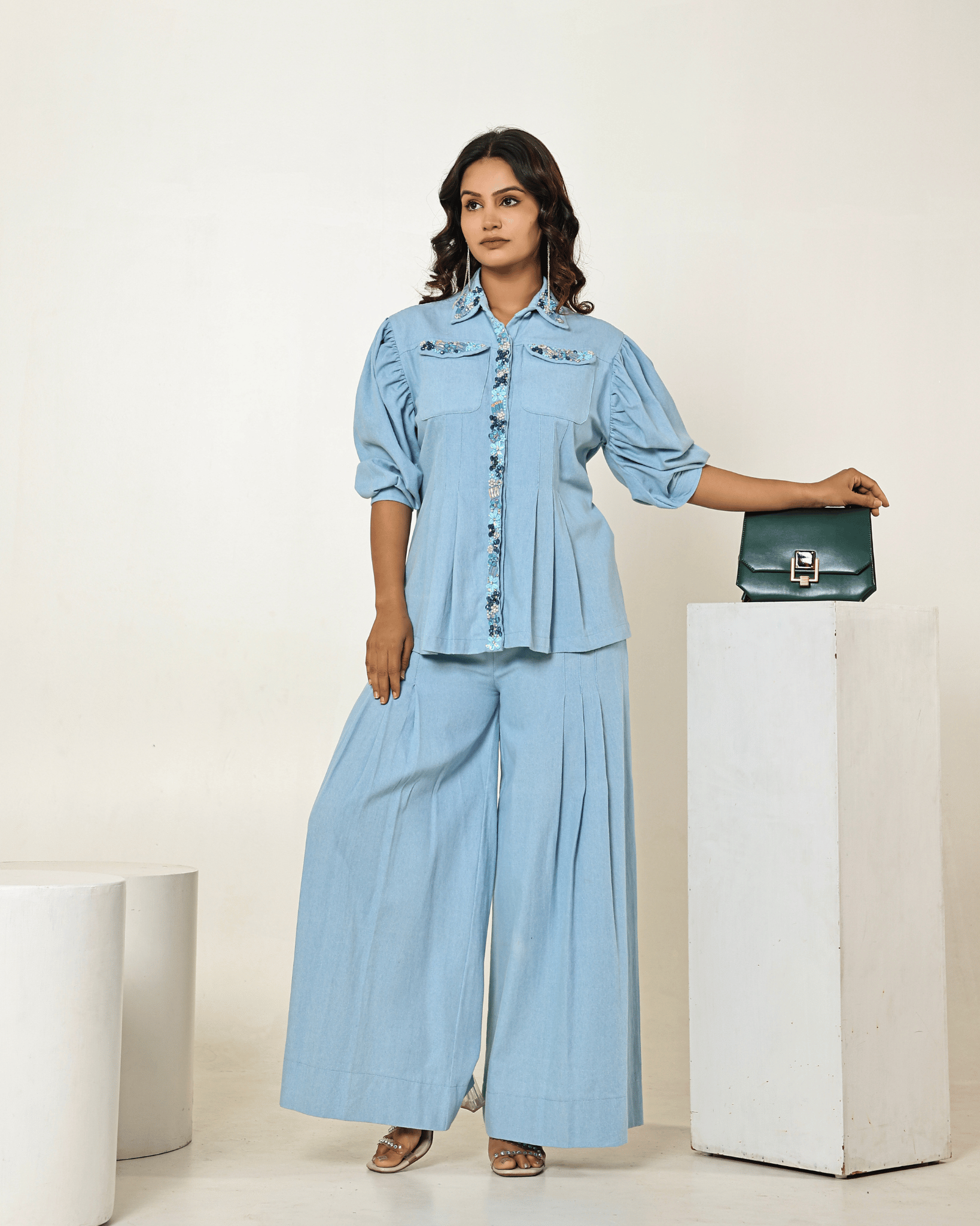 The Light Denim Waist Pleated Embellished Shirt with Pleated High-Waisted Pants