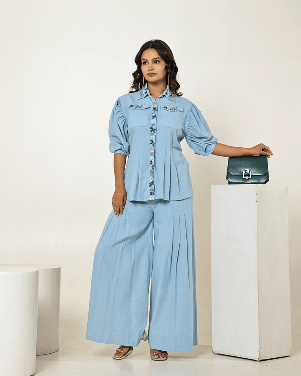 The Light Denim Waist Pleated Embellished Shirt with Pleated High-Waisted Pants