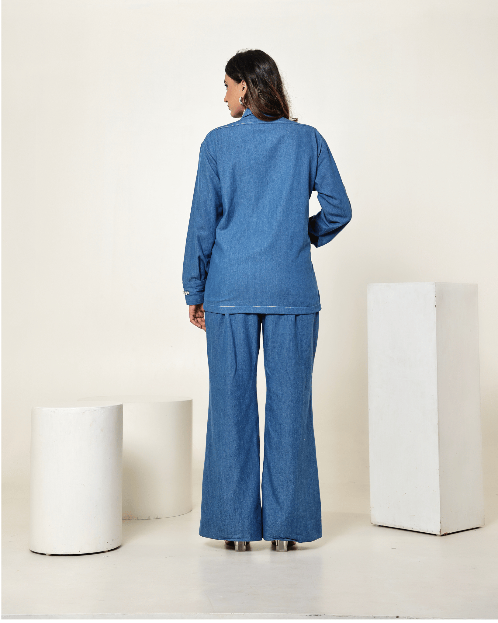 The Dark Denim Bow Embellished Tie Up Shirt with High Waisted Bell Bottom Pants