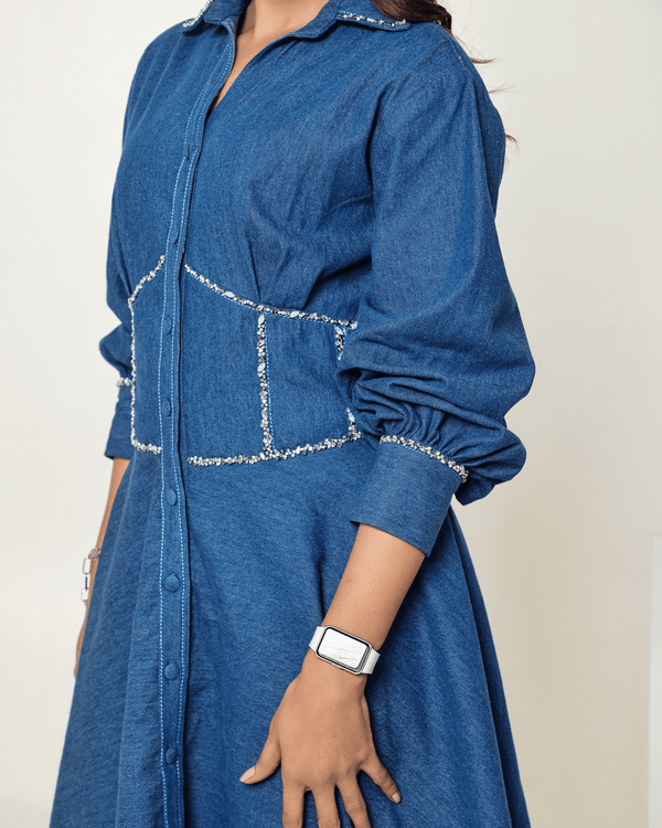 The Dark Blue Denim Embellished Corset Mini Dress