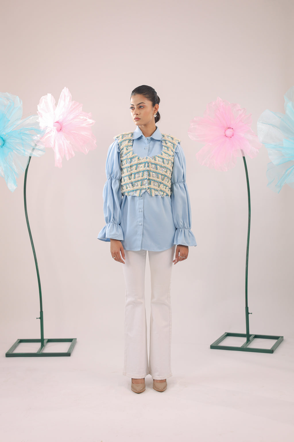 The Sky Blue Embellished Jacket with Ballon Sleeves Crape Shirt