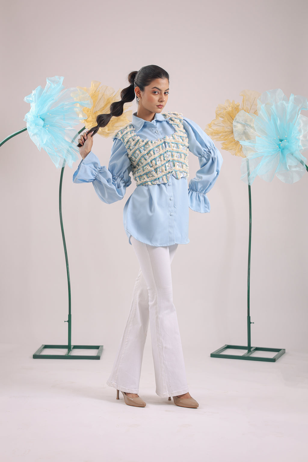 The Sky Blue Embellished Jacket with Ballon Sleeves Crape Shirt