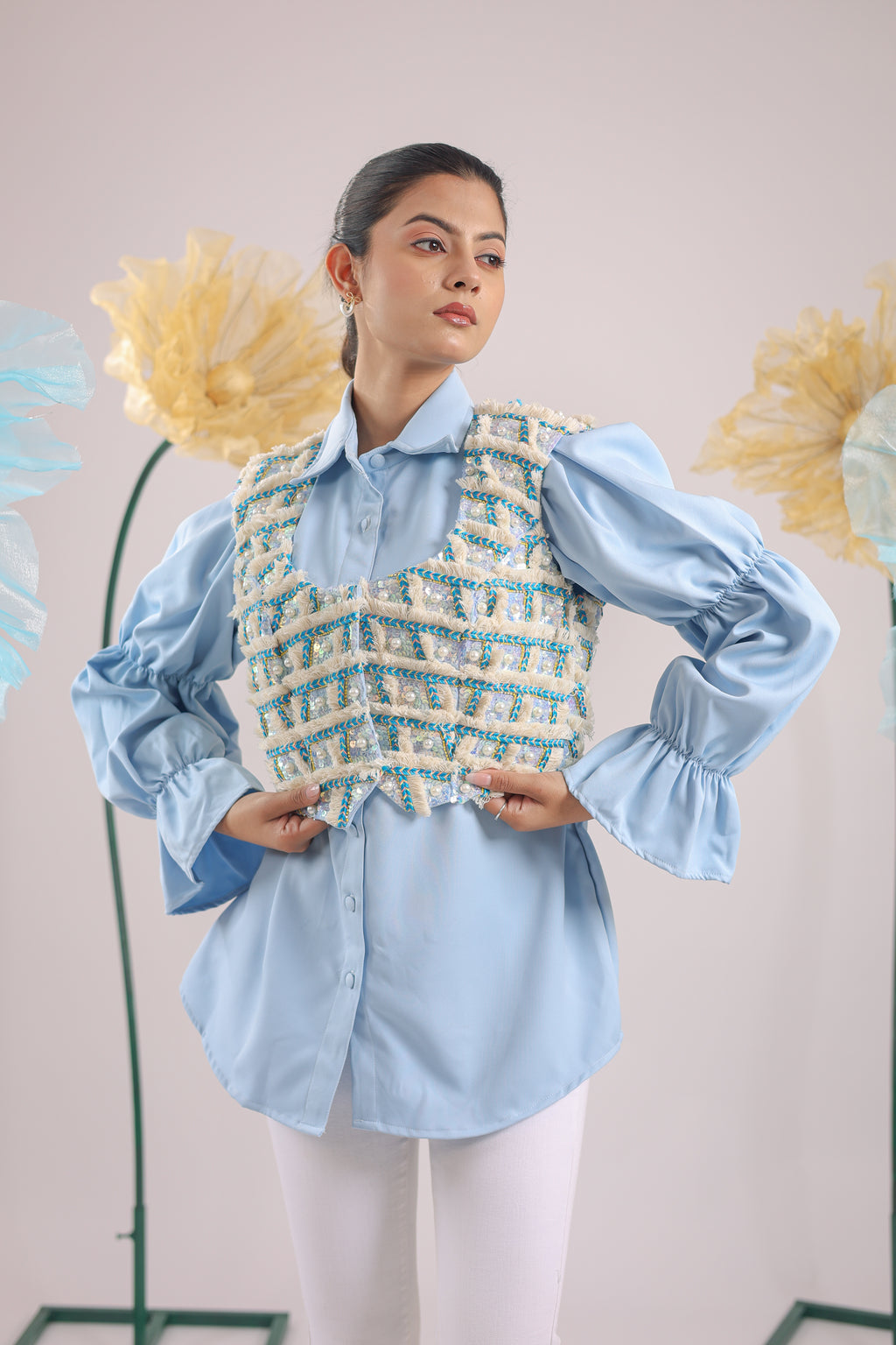 The Sky Blue Embellished Jacket with Ballon Sleeves Crape Shirt
