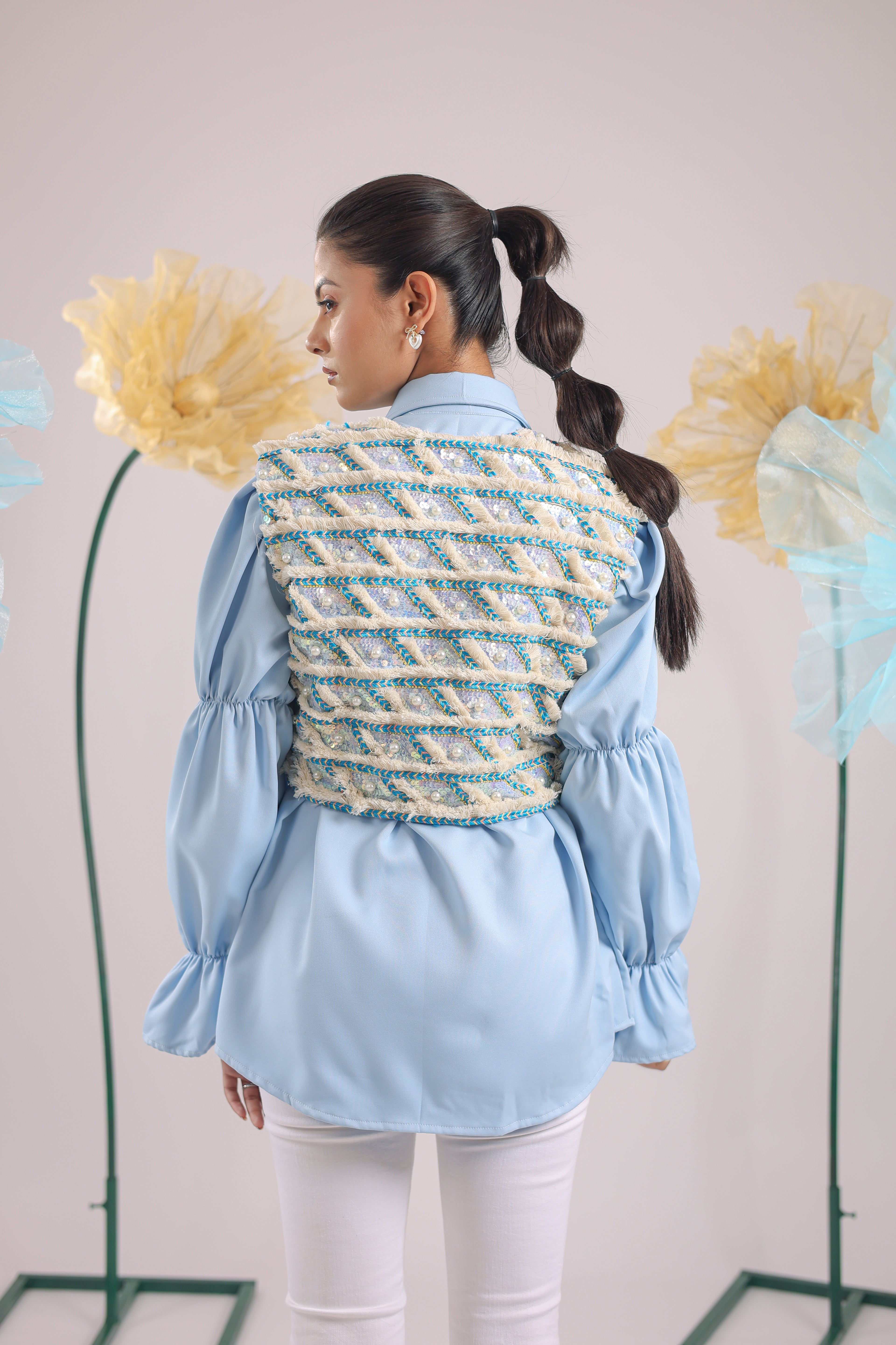 The Sky Blue Embellished Jacket with Ballon Sleeves Crape Shirt