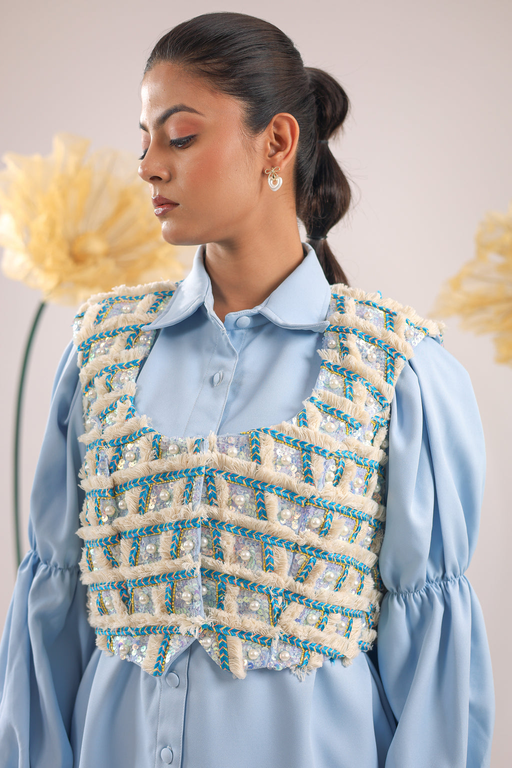 The Sky Blue Embellished Jacket with Ballon Sleeves Crape Shirt
