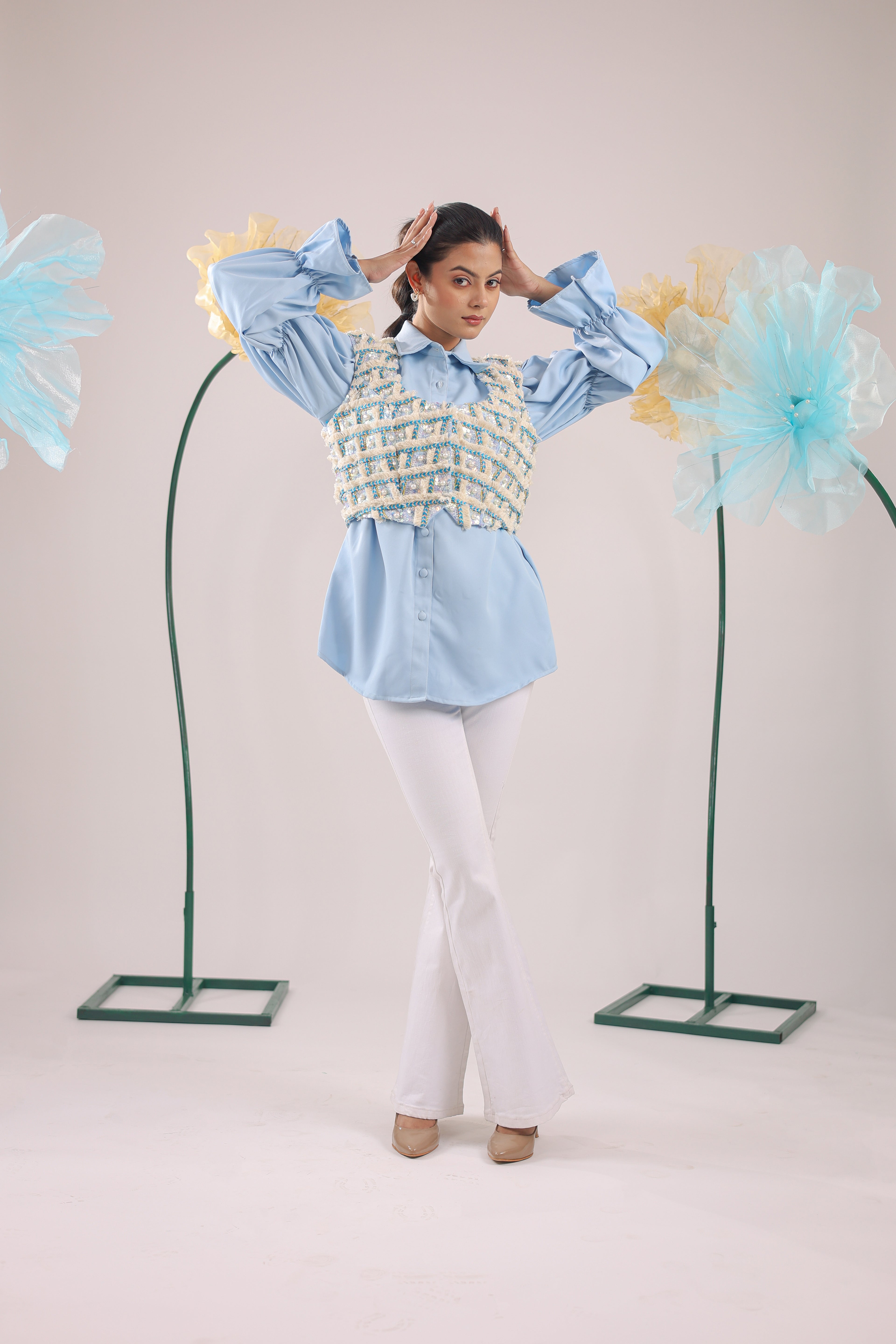 The Sky Blue Embellished Jacket with Ballon Sleeves Crape Shirt