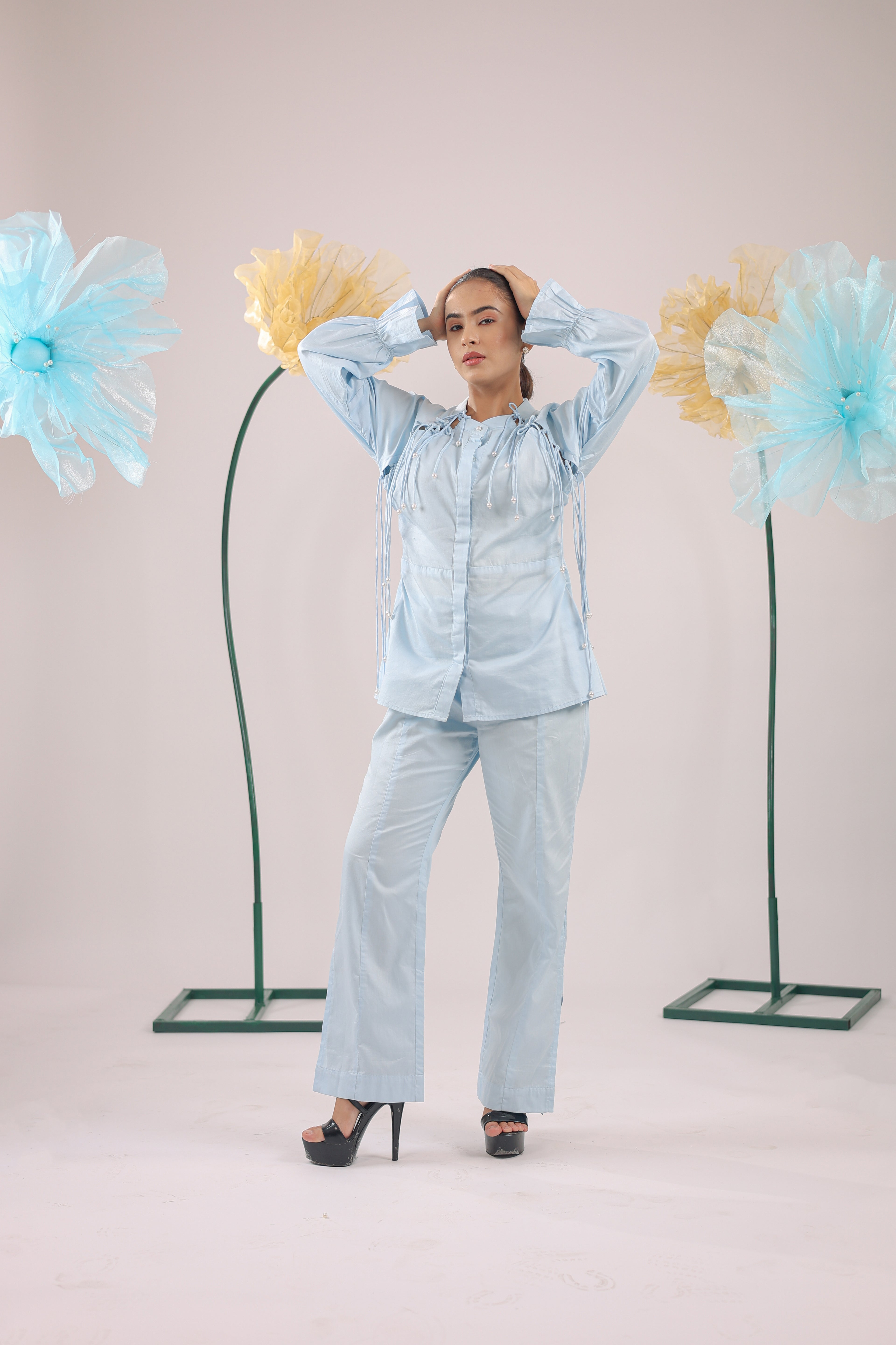 The Sky Blue Pearl Drop Tassel Peplum Shirt