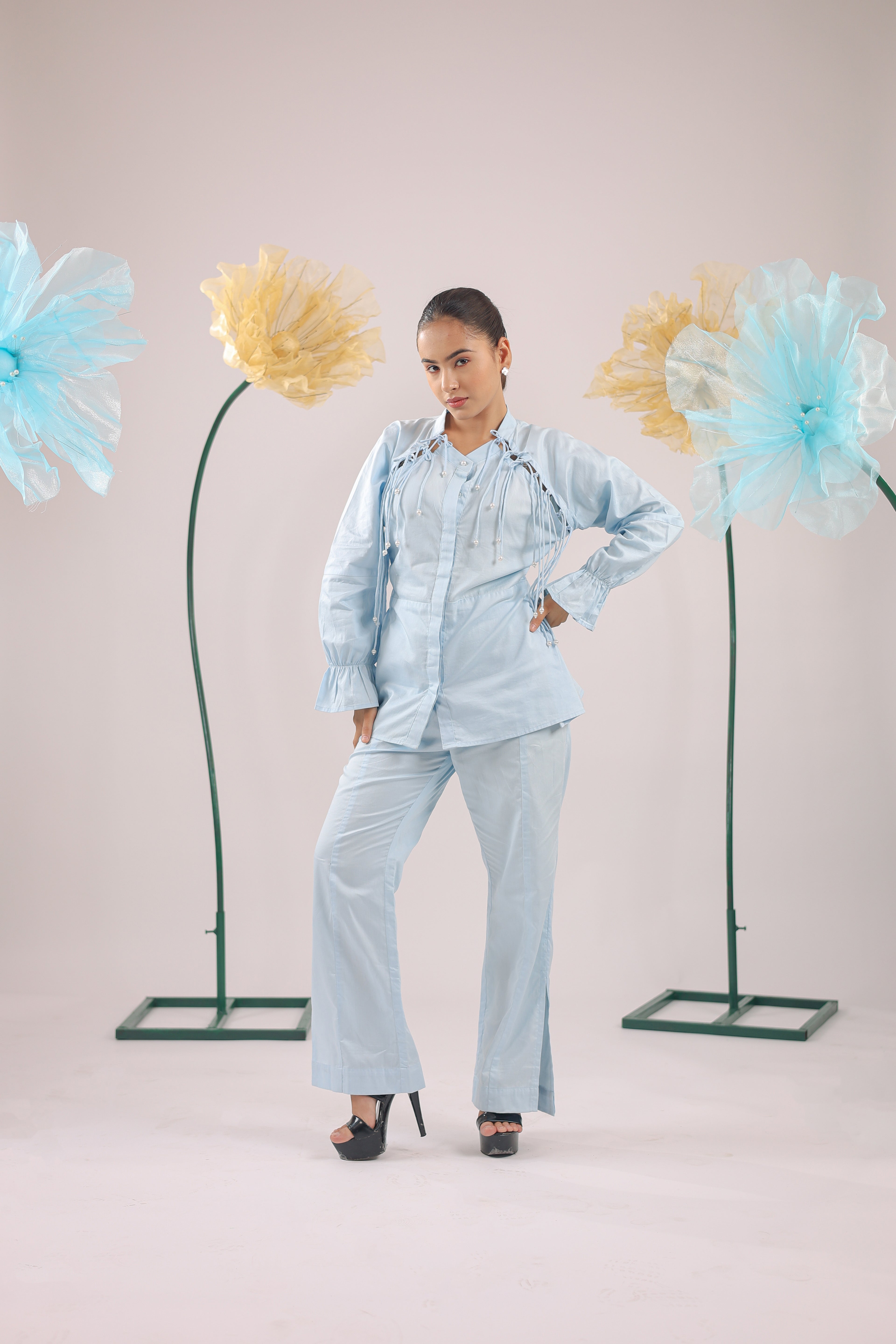 The Sky Blue Pearl Drop Tassel Peplum Shirt