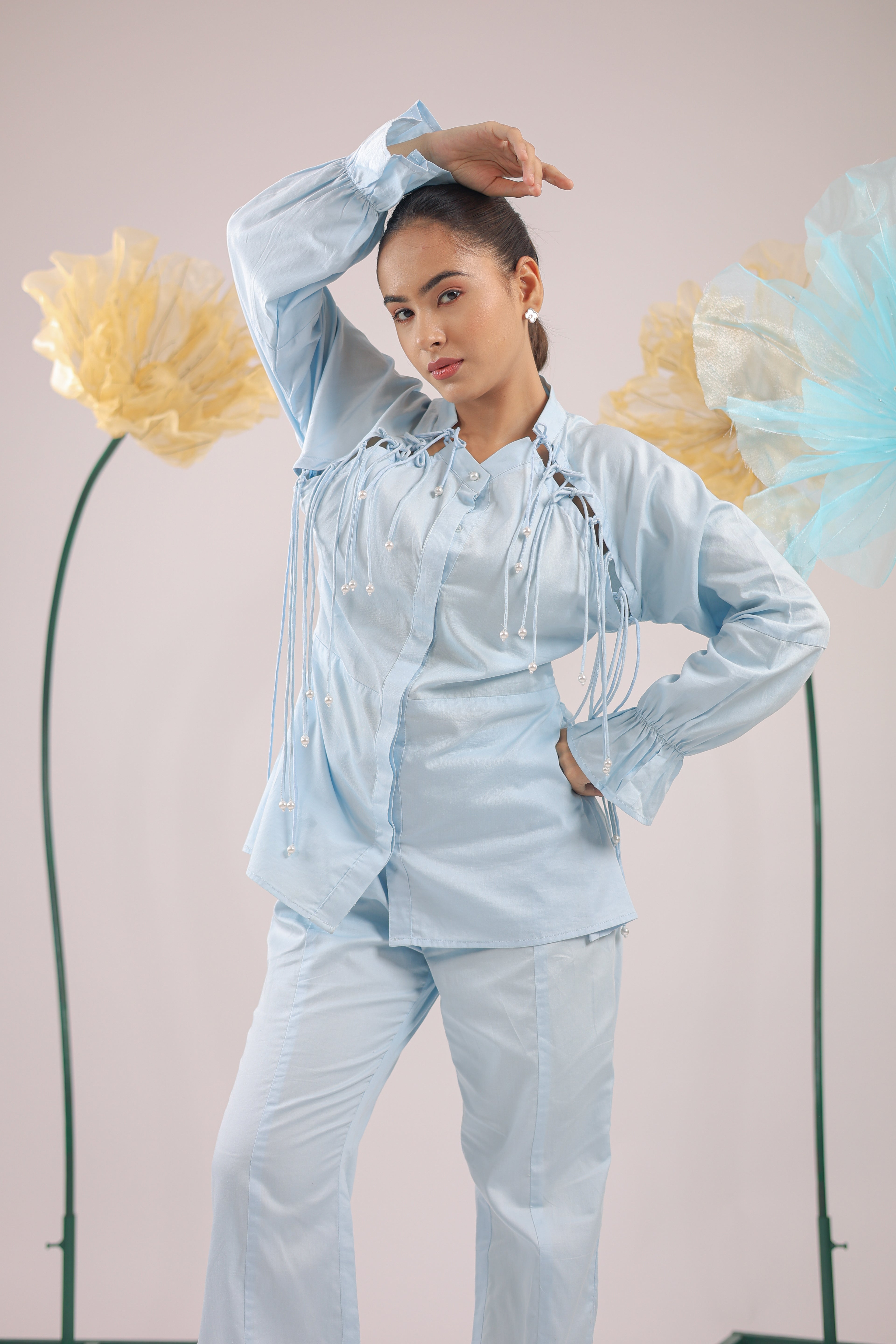 The Sky Blue Pearl Drop Tassel Peplum Shirt