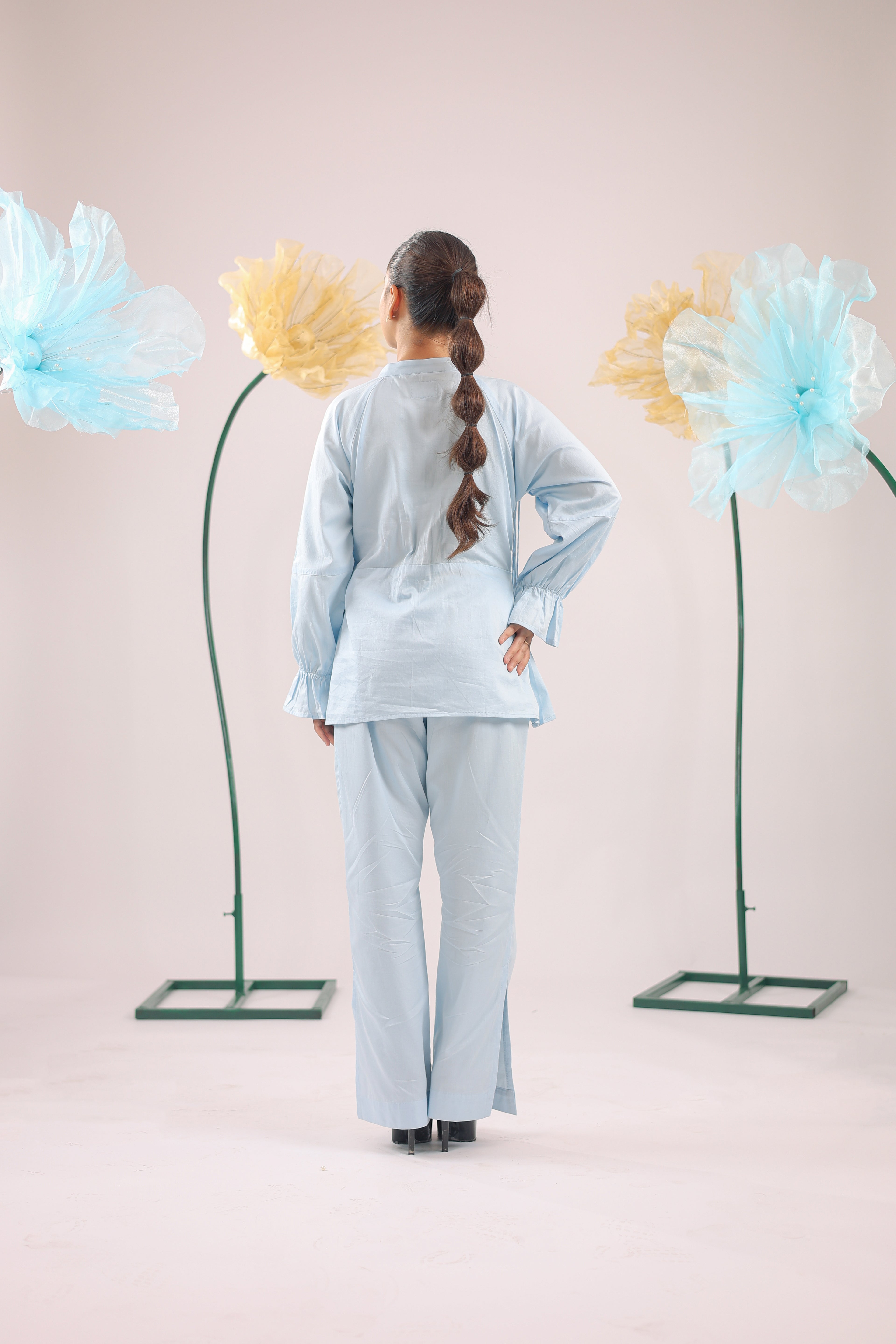 The Sky Blue Pearl Drop Tassel Peplum Shirt
