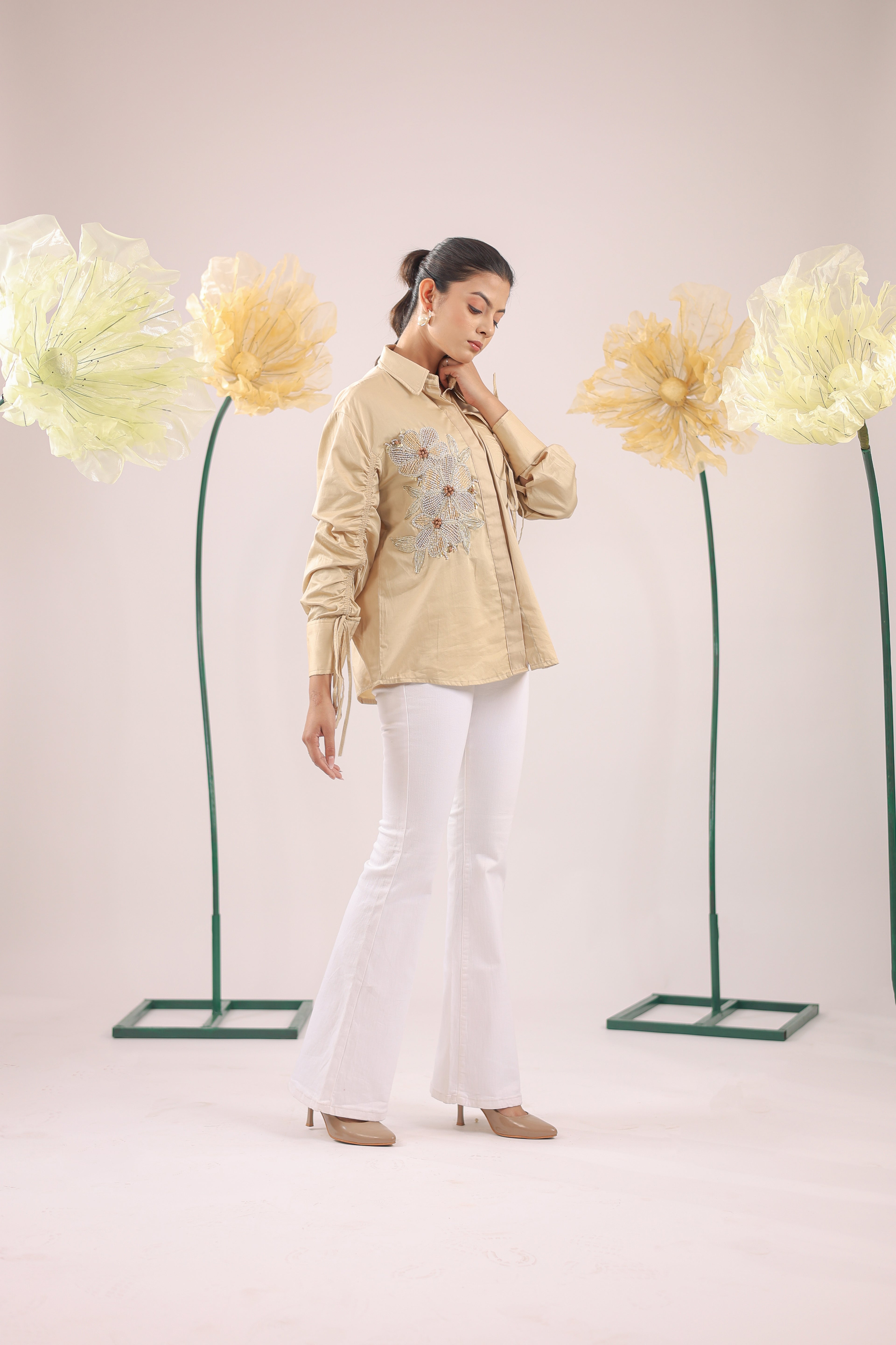 The Beige Floral Embellishment with Pocket and Gathered Sleeves