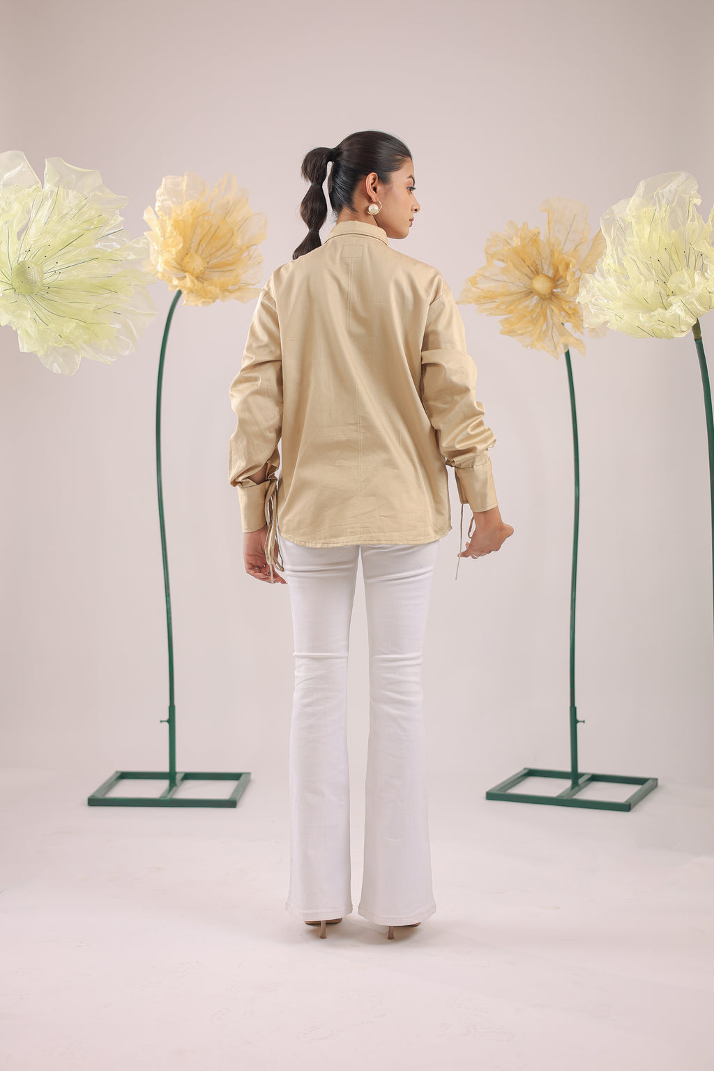 The Beige Floral Embellishment with Pocket and Gathered Sleeves