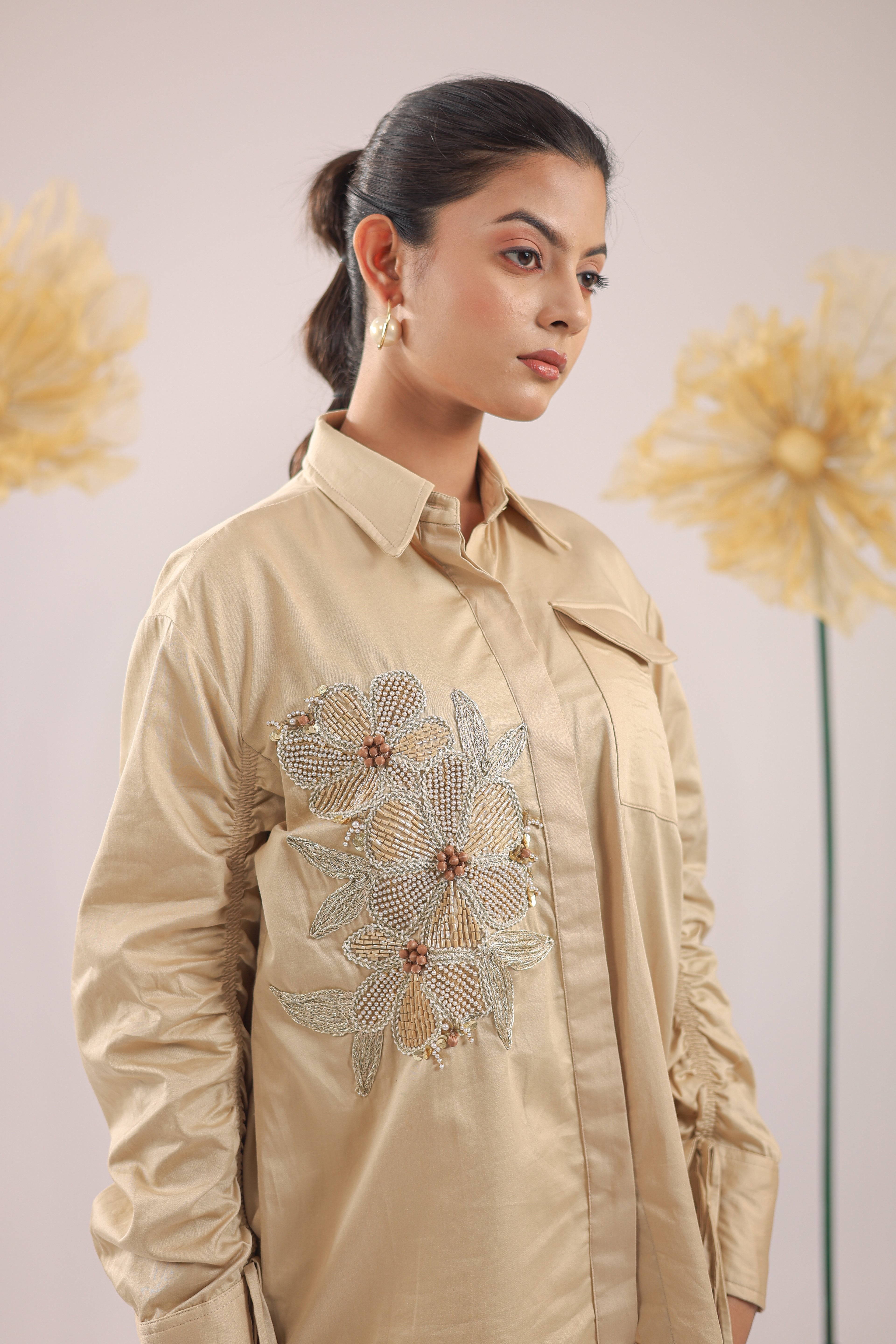 The Beige Floral Embellishment with Pocket and Gathered Sleeves