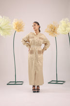 The  Brown Beige Midi Cotton Dress With Pockets