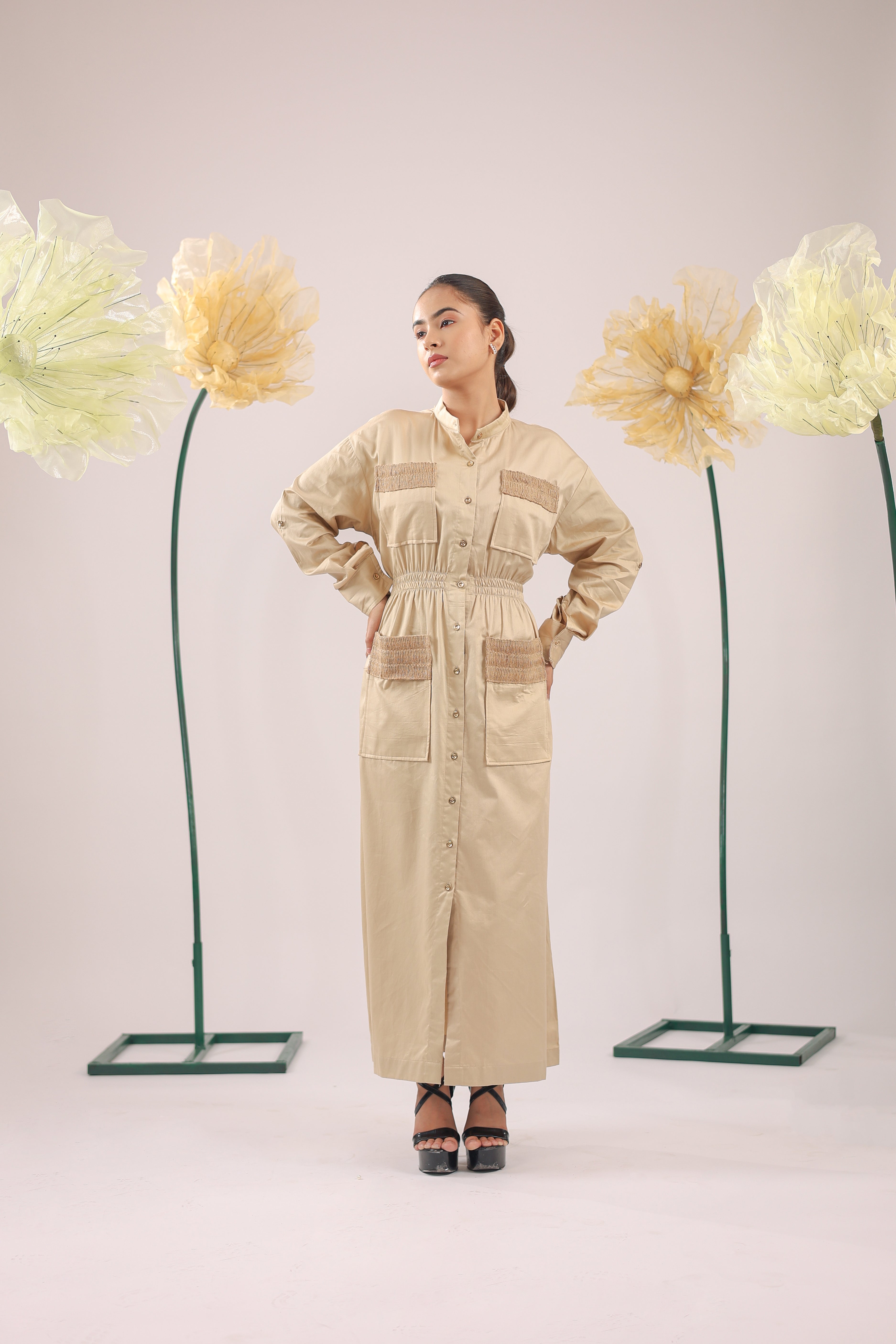 The  Brown Beige Midi Cotton Dress With Pockets