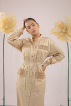 The  Brown Beige Midi Cotton Dress With Pockets