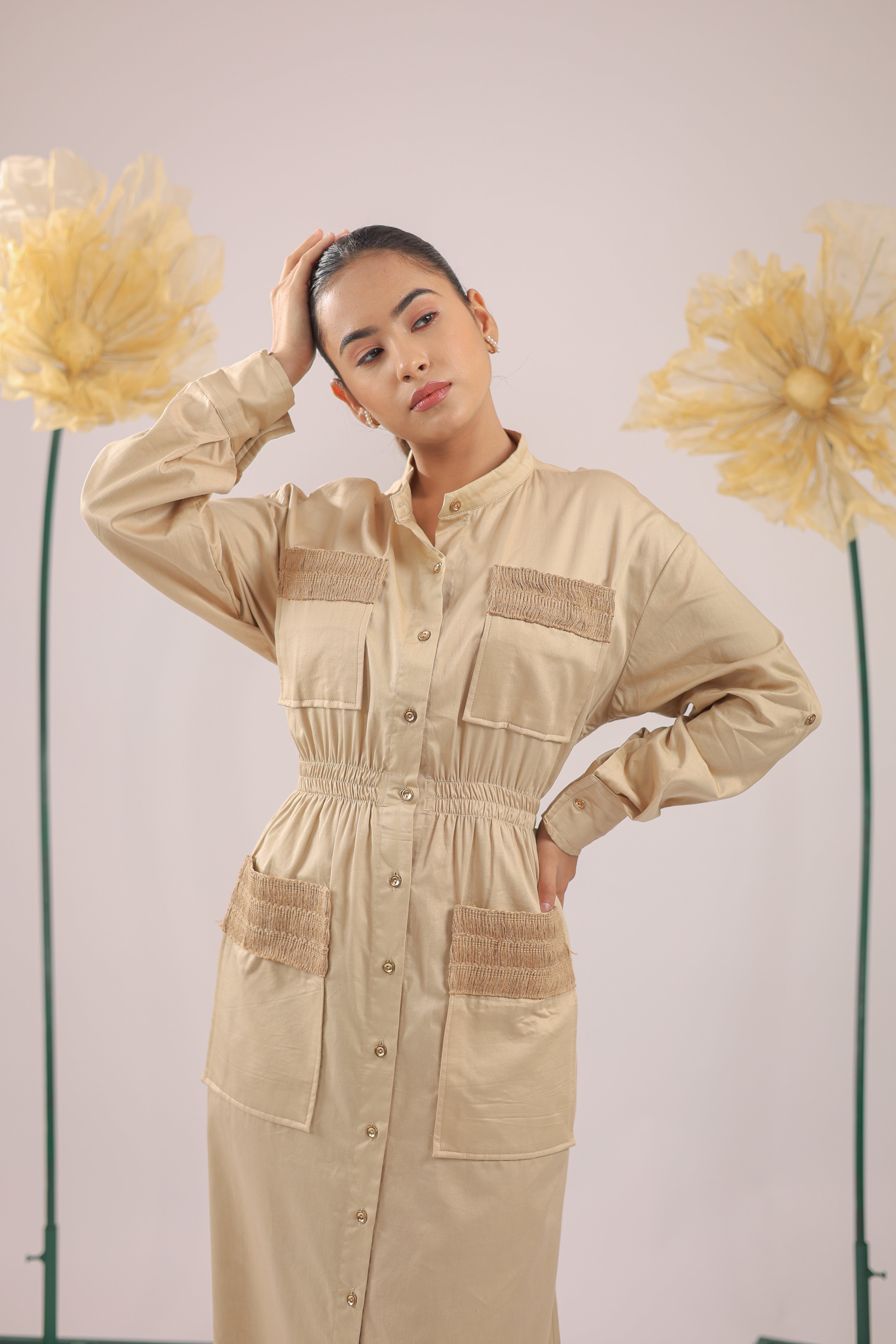 The  Brown Beige Midi Cotton Dress With Pockets