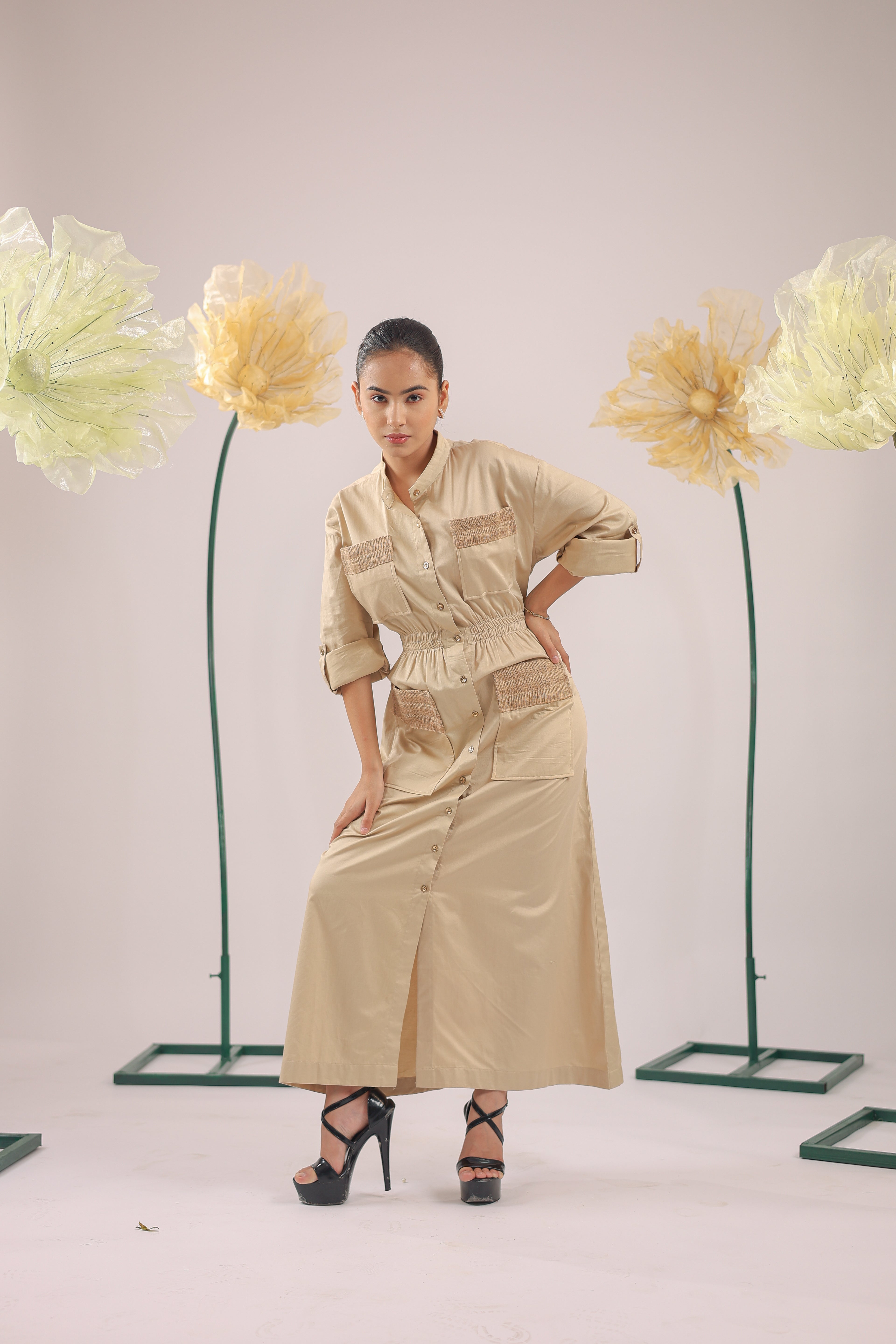 The  Brown Beige Midi Cotton Dress With Pockets