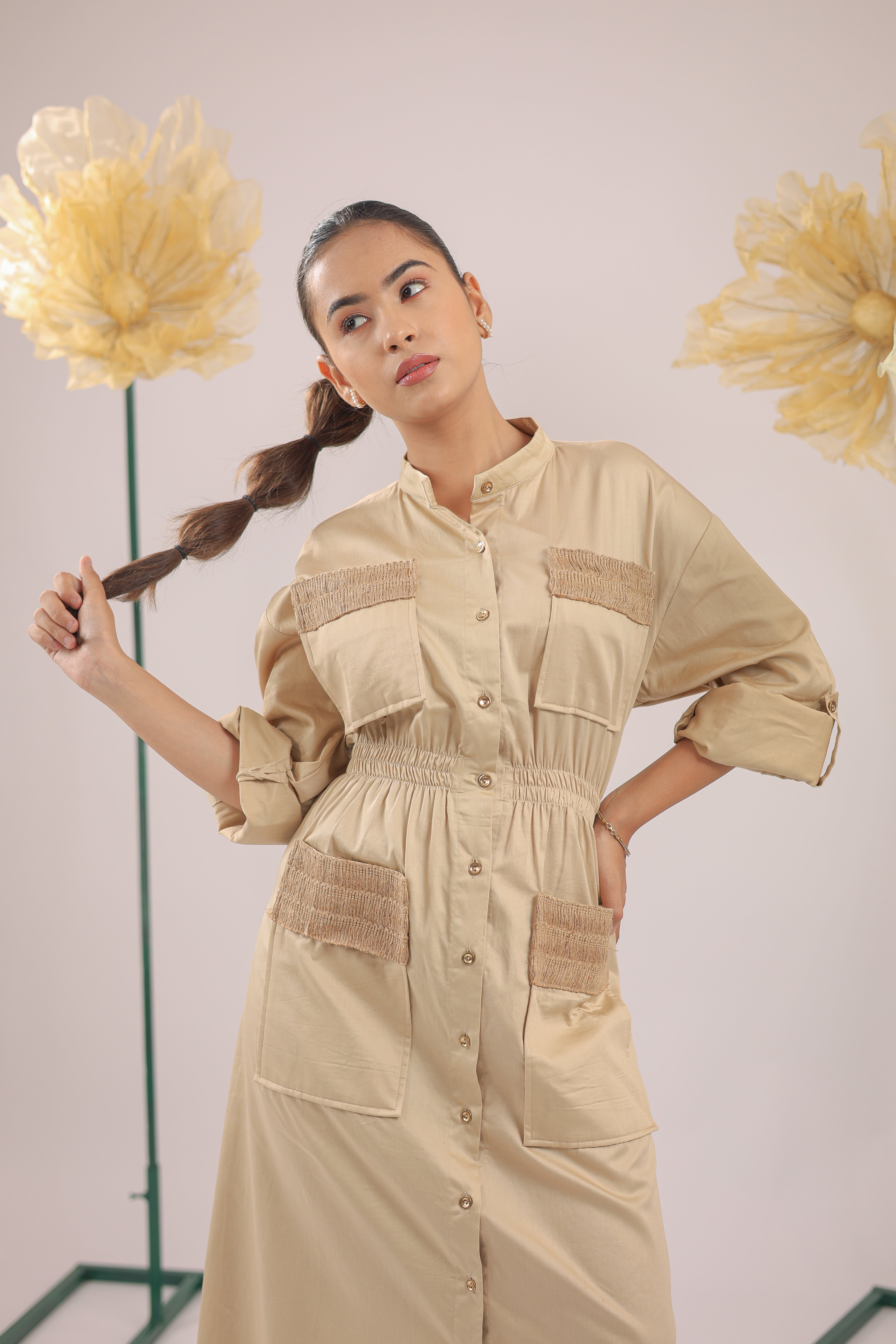 The  Brown Beige Midi Cotton Dress With Pockets