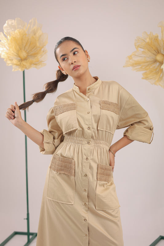 The  Brown Beige Midi Cotton Dress With Pockets