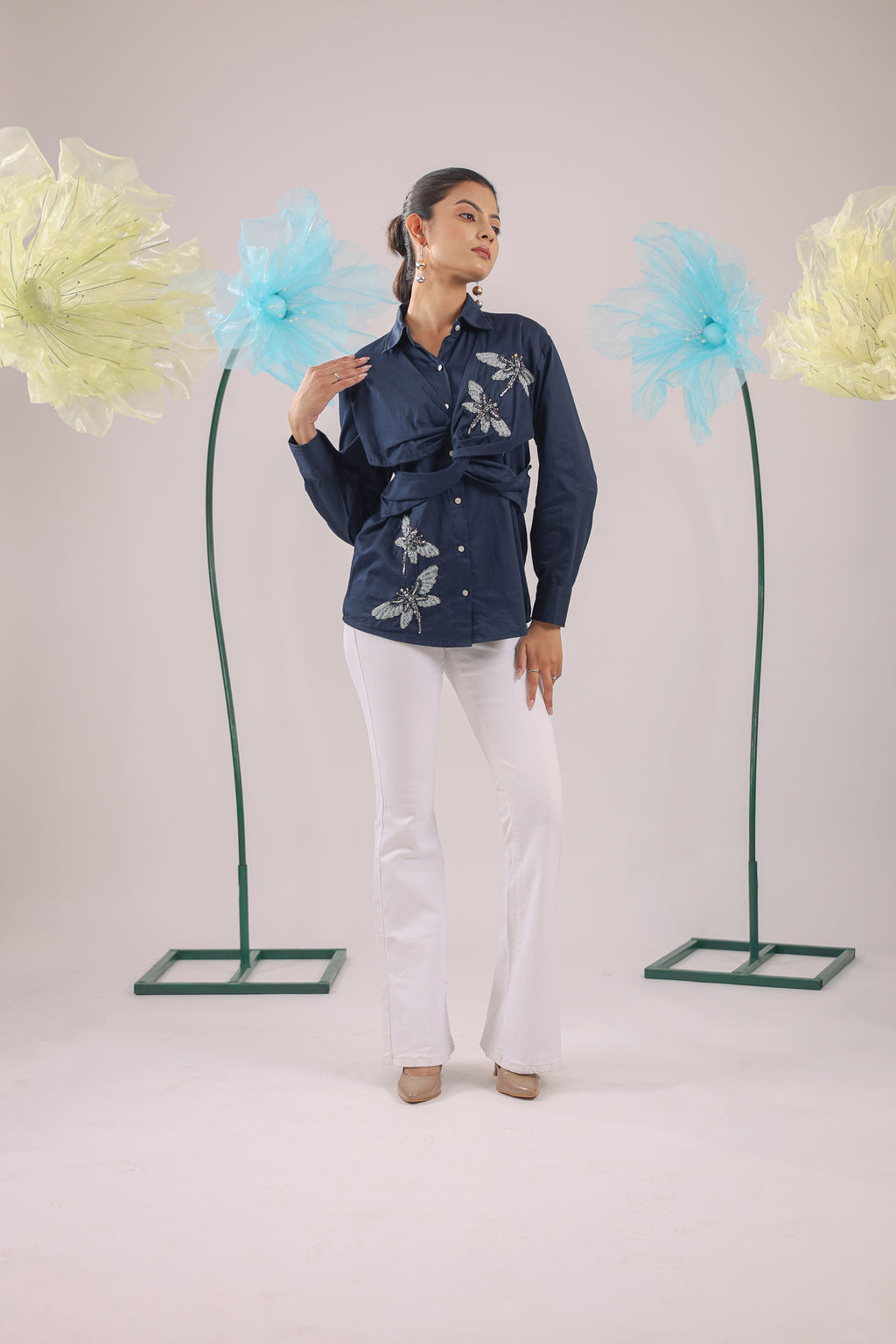 The Navy Blue Knot Cotton Shirt with Dragon Fly Embellishments