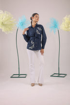The Navy Blue Knot Cotton Shirt with Dragon Fly Embellishments