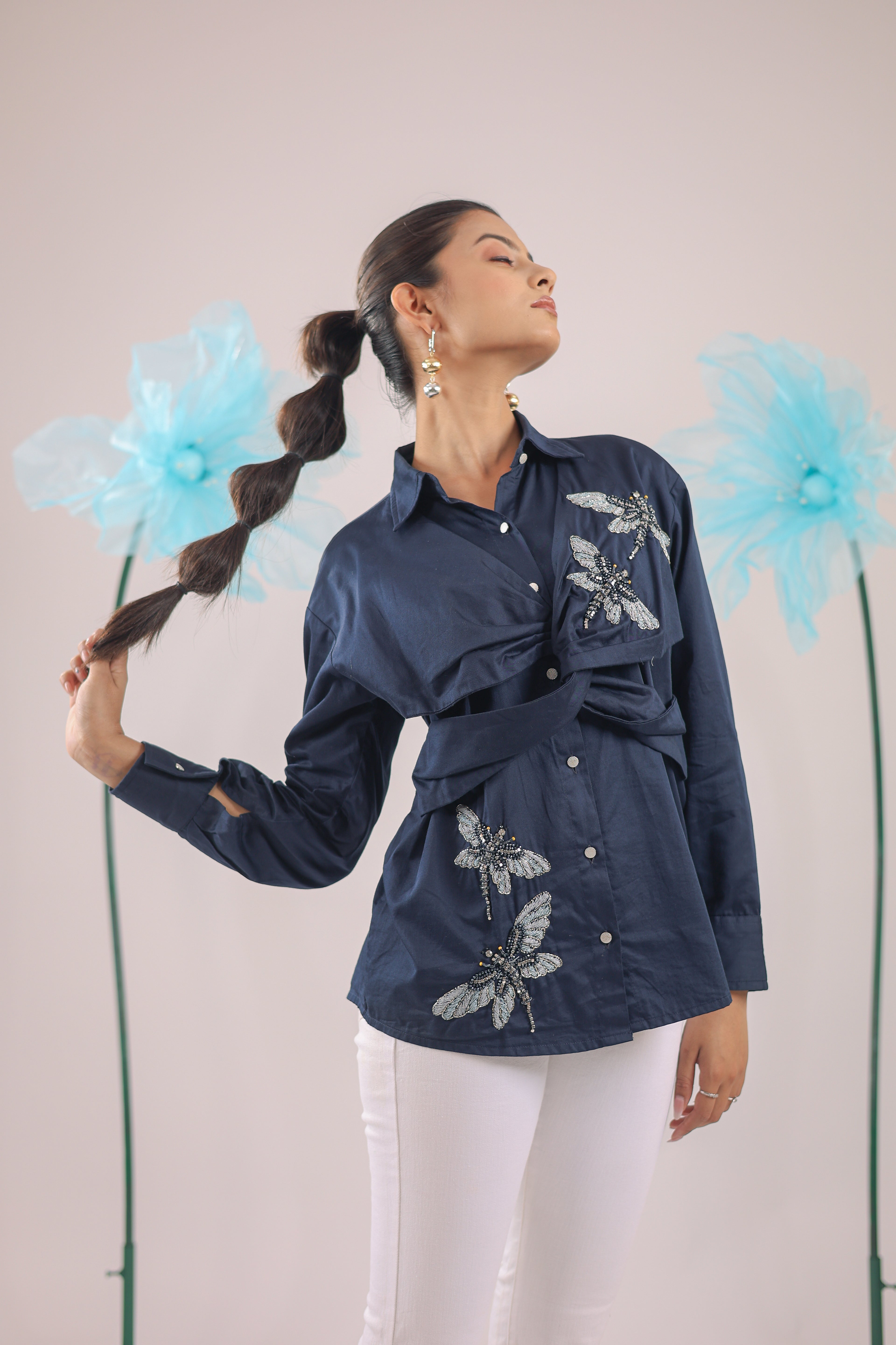 The Navy Blue Knot Cotton Shirt with Dragon Fly Embellishments