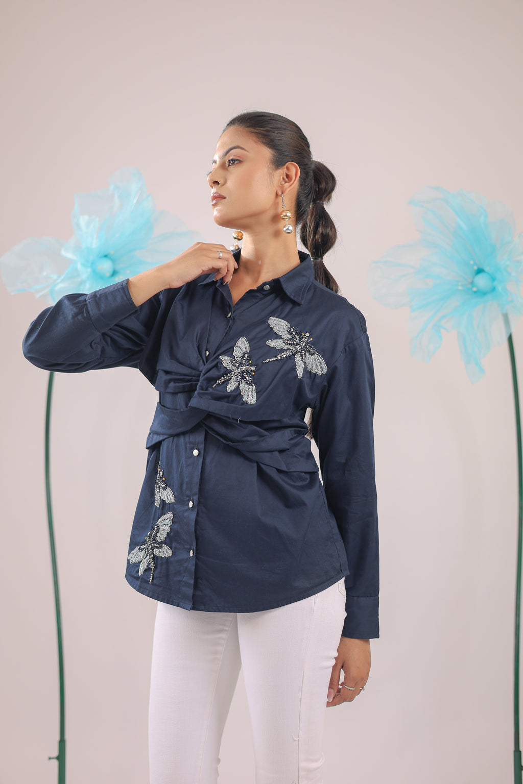 The Navy Blue Knot Cotton Shirt with Dragon Fly Embellishments